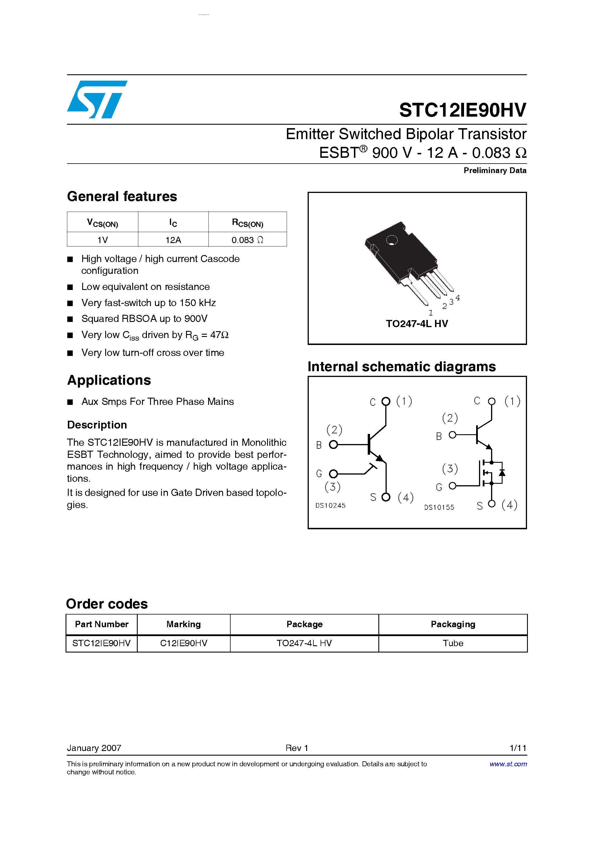 Datasheet STC12IE90HV page 1 Datasheet STC12IE90HV - Emitter Switched Bipolar Transistor page 1