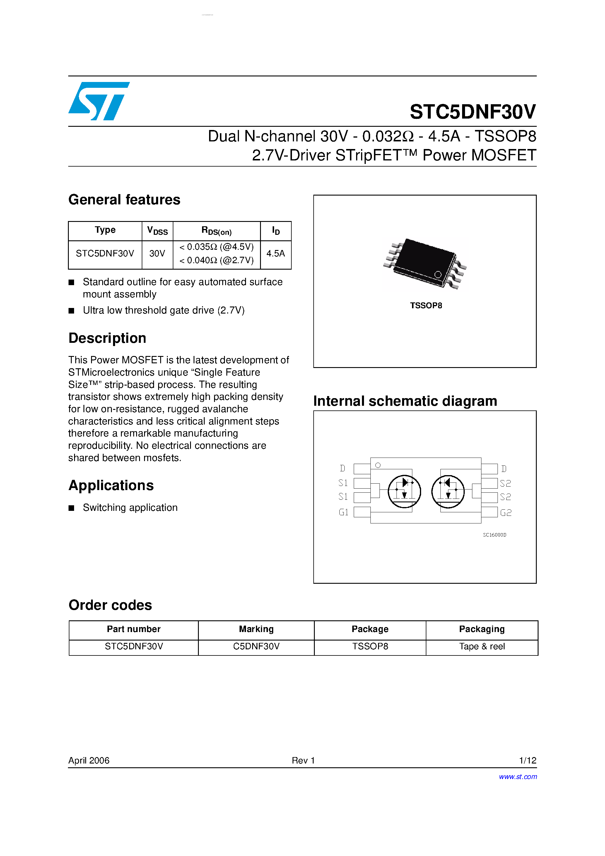 Datasheet STC5DNF30V - Dual N-channel Power MOSFET page 1