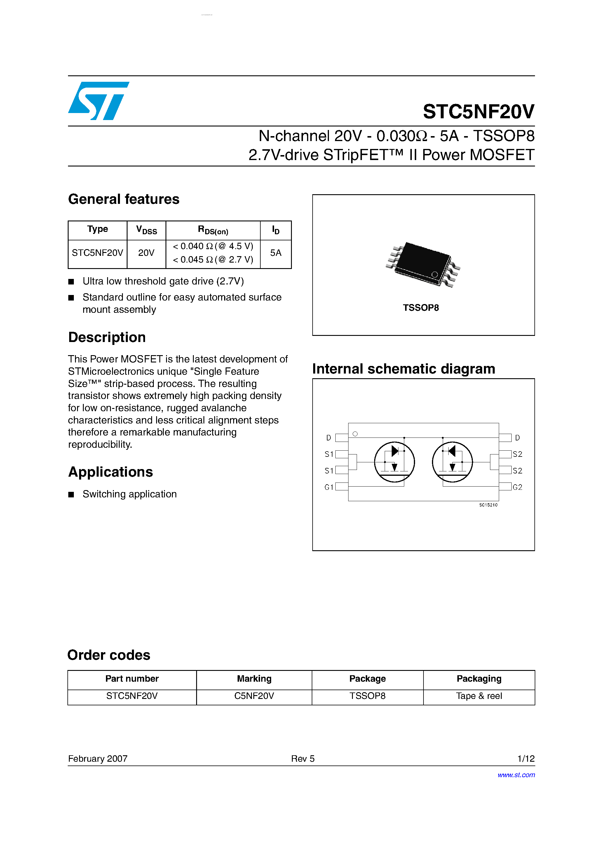 Datasheet STC5NF20V - N-CHANNEL POWER MOSFET page 1