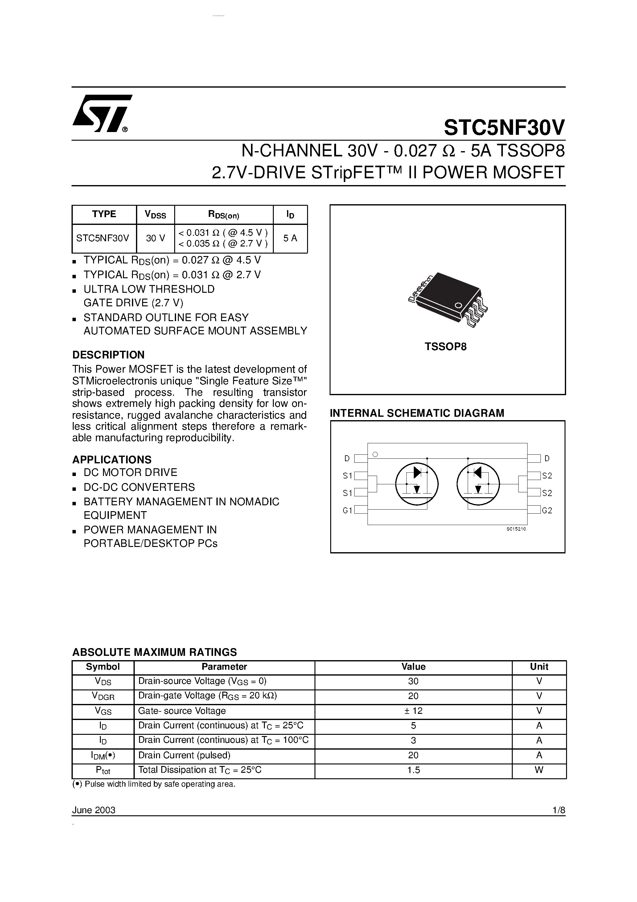 Datasheet STC5NF30V - N-CHANNEL POWER MOSFET page 1