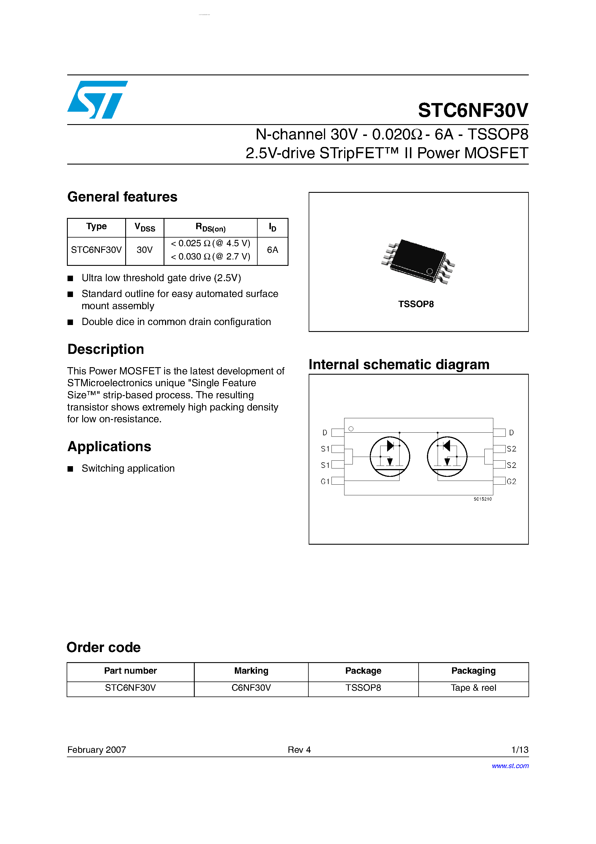 Datasheet STC6NF30V - N-CHANNEL POWER MOSFET page 1