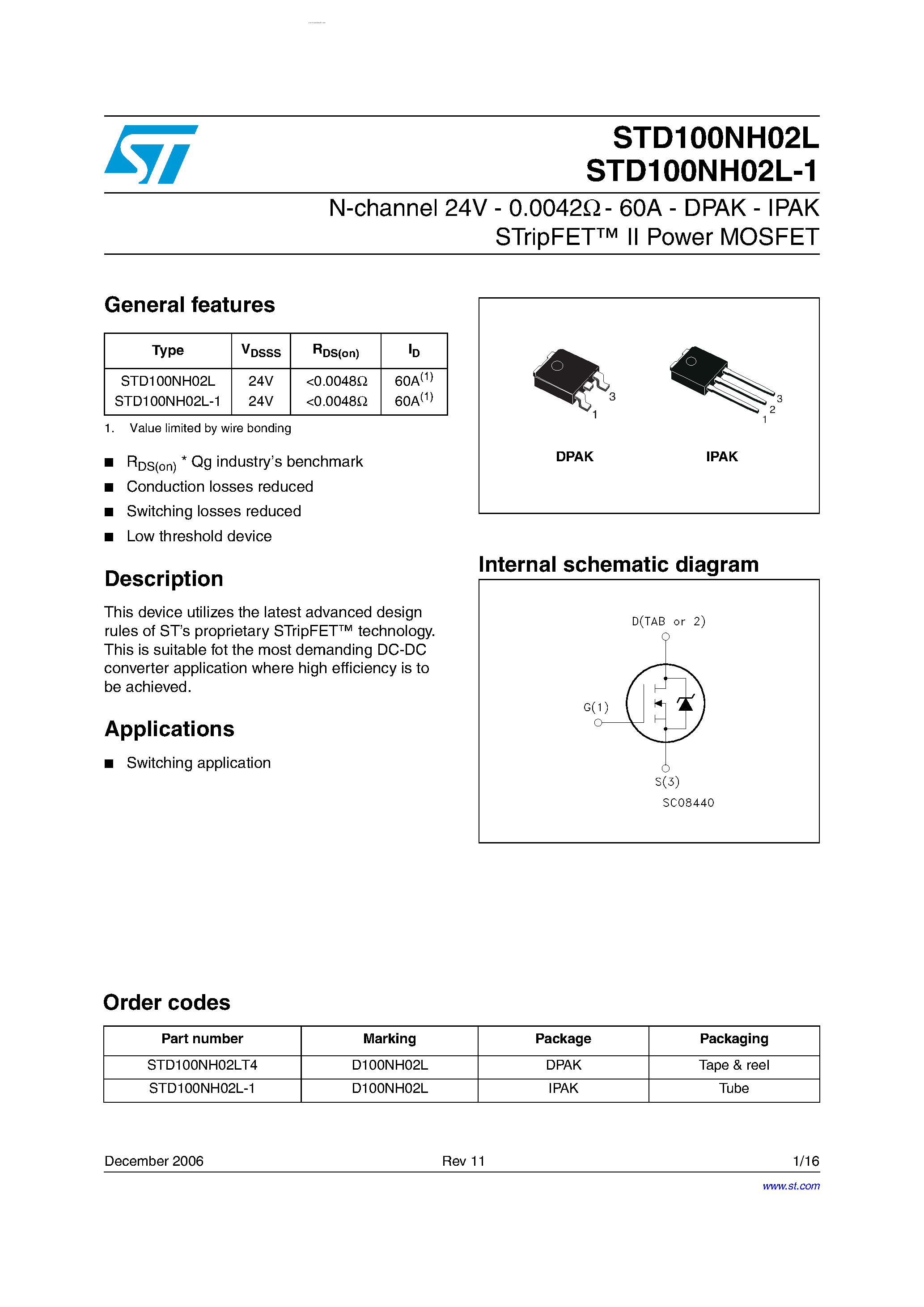 Даташит на микросхему STD100NH02L-1 страница 1 Даташит STD100NH02L-1 - N-CHANNEL POWER MOSFET страница 1