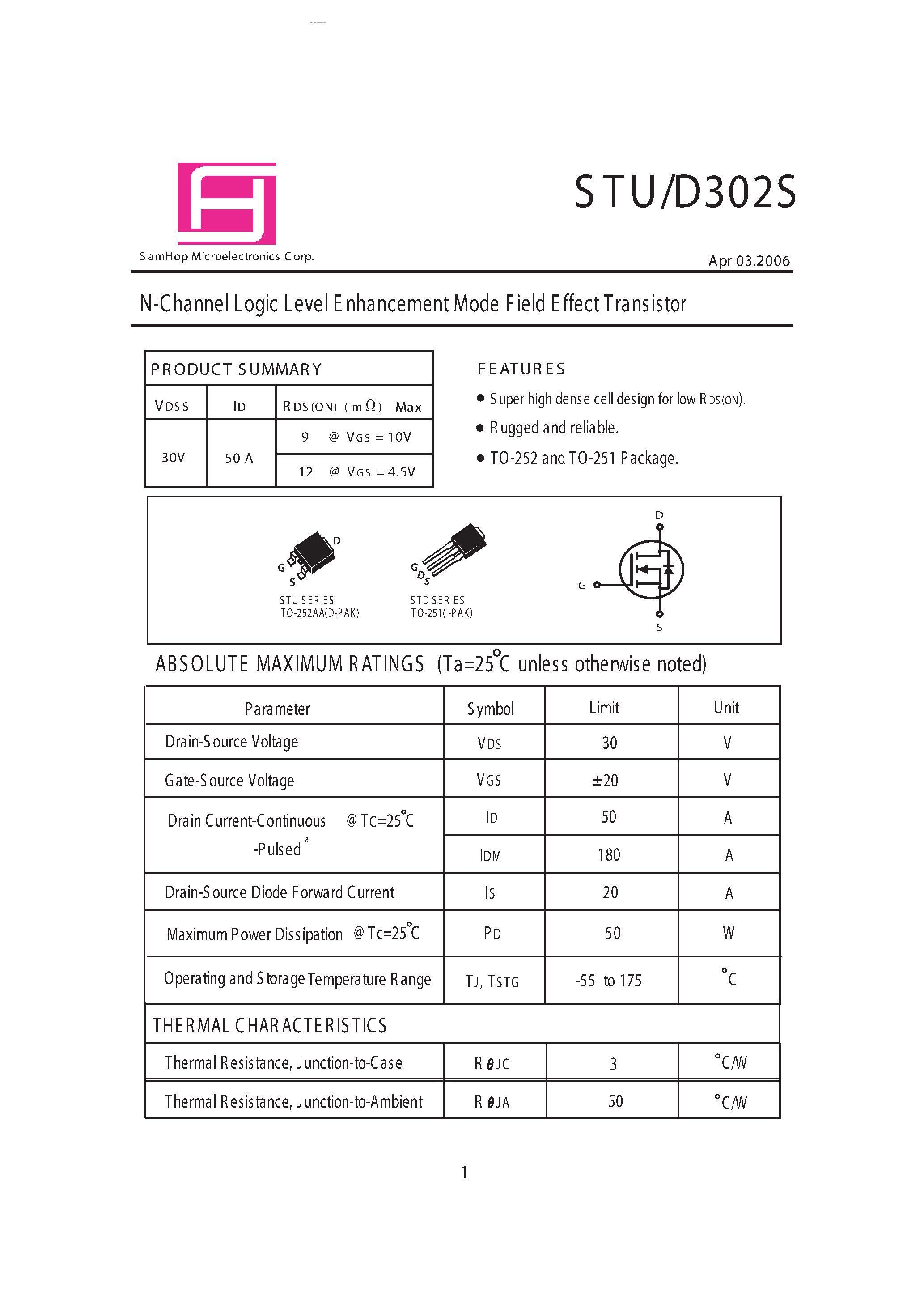 Datasheet STD302S page 1 Datasheet STD302S - N-Channel Logic Level E nhancement Mode Field Effect Transistor page 1