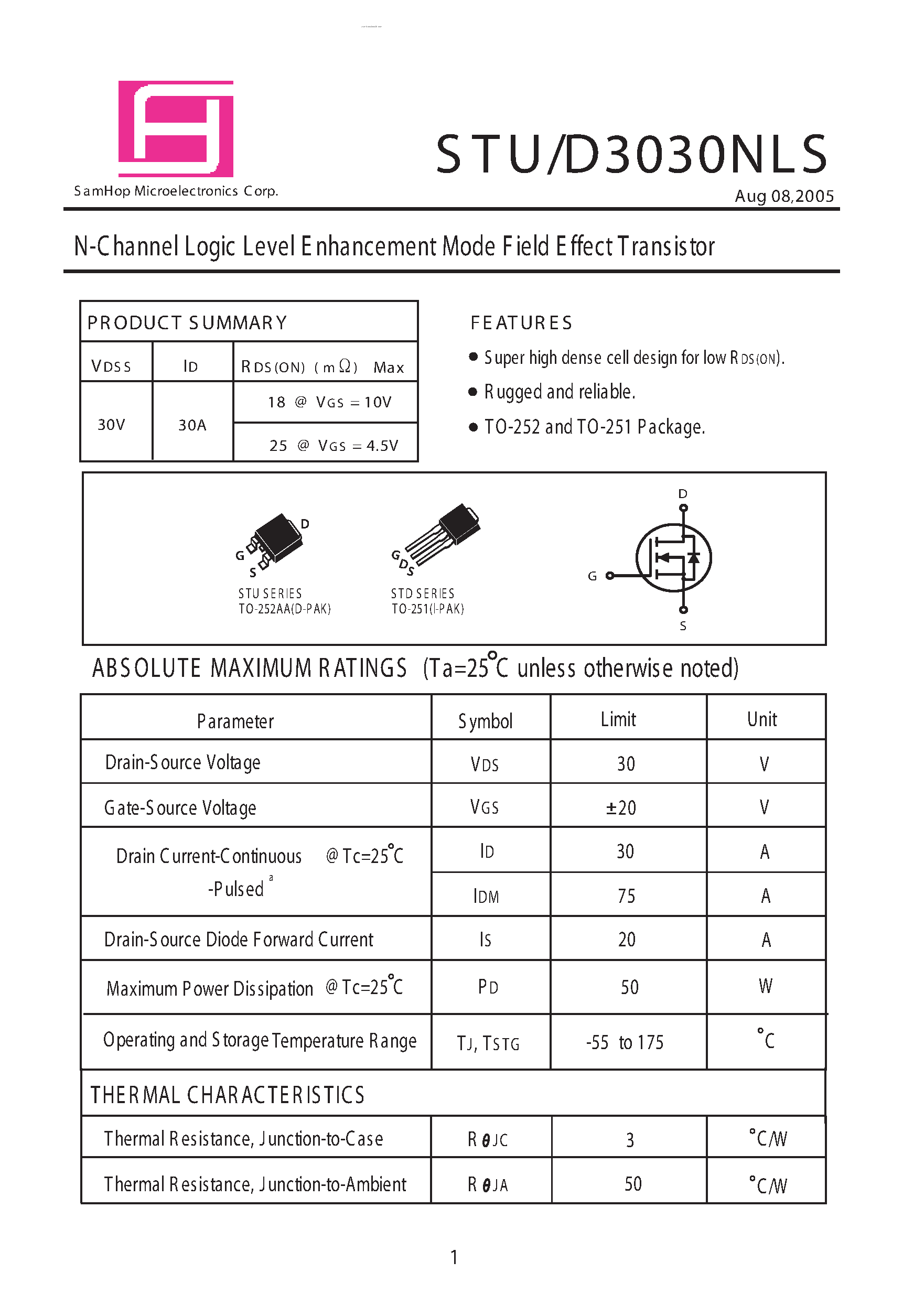 Datasheet STU3030NLS page 1 Datasheet STU3030NLS - N-Channel Logic Level E nhancement Mode Field Effect Transistor page 1