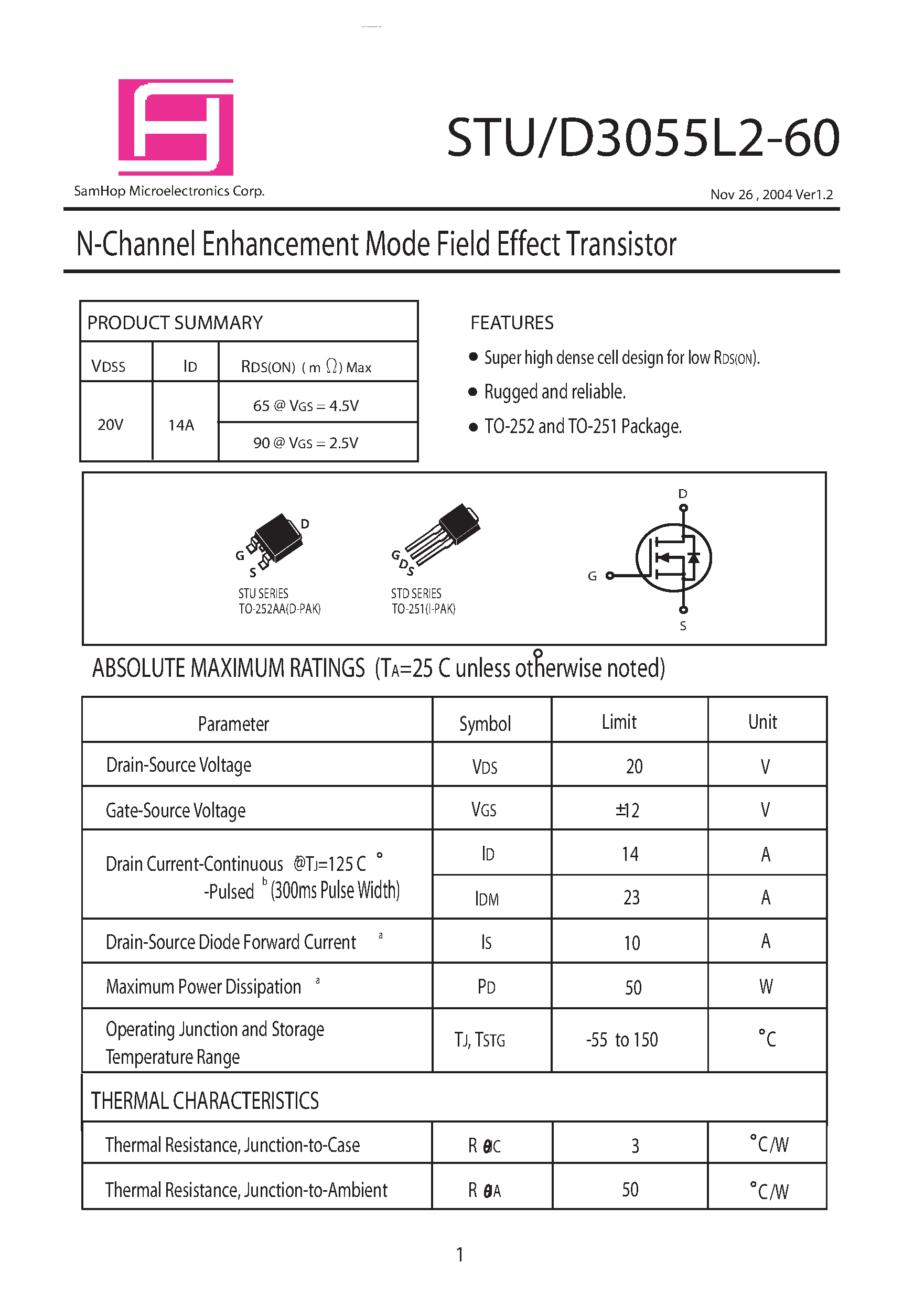 Datasheet STU3055L2-60 page 1 Datasheet STU3055L2-60 - N-Channel Enhancement Mode Field Effect Transistor page 1