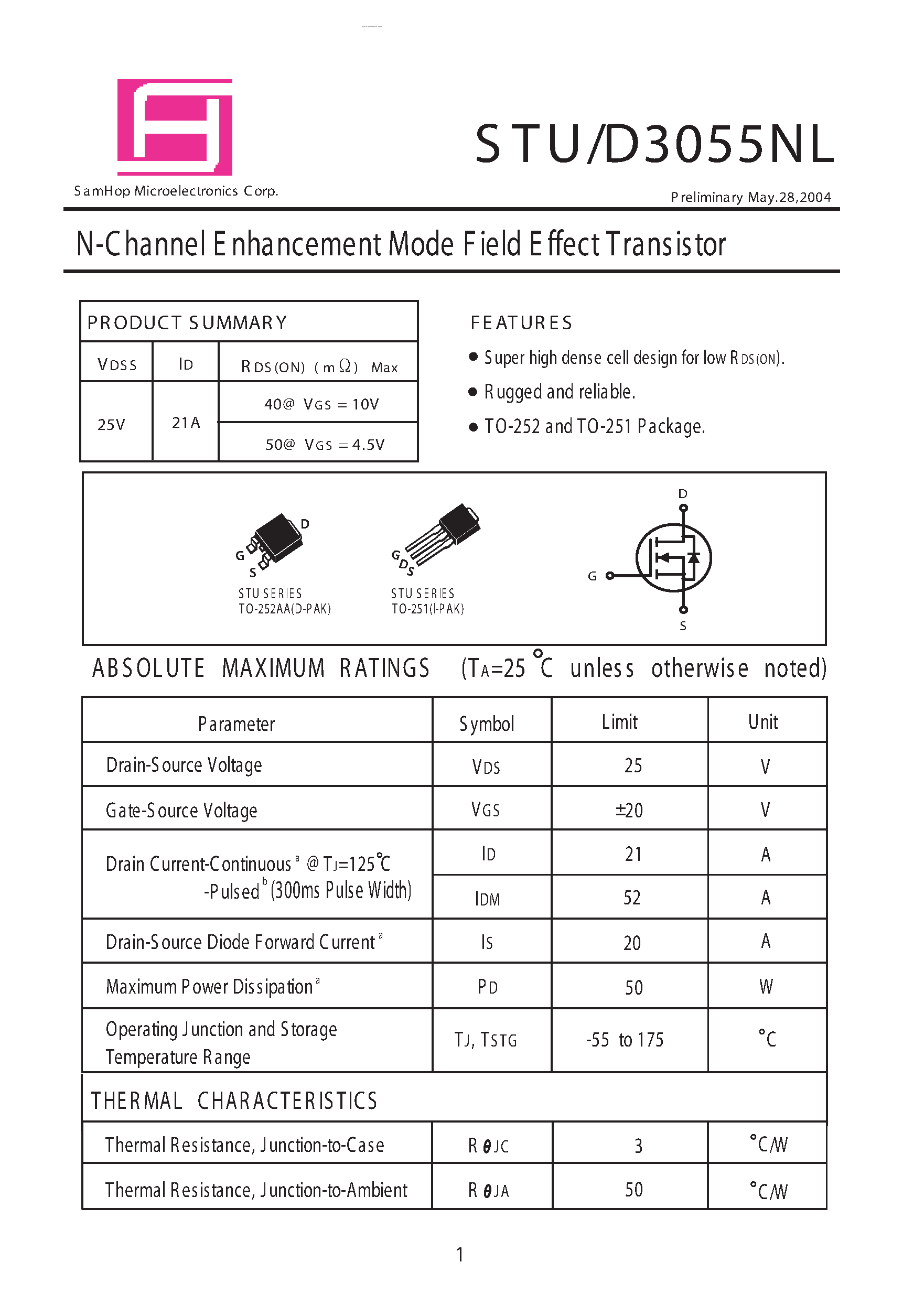 Datasheet STU3055NL page 1 Datasheet STU3055NL - N-Channel E nhancement Mode Field Effect Transistor page 1