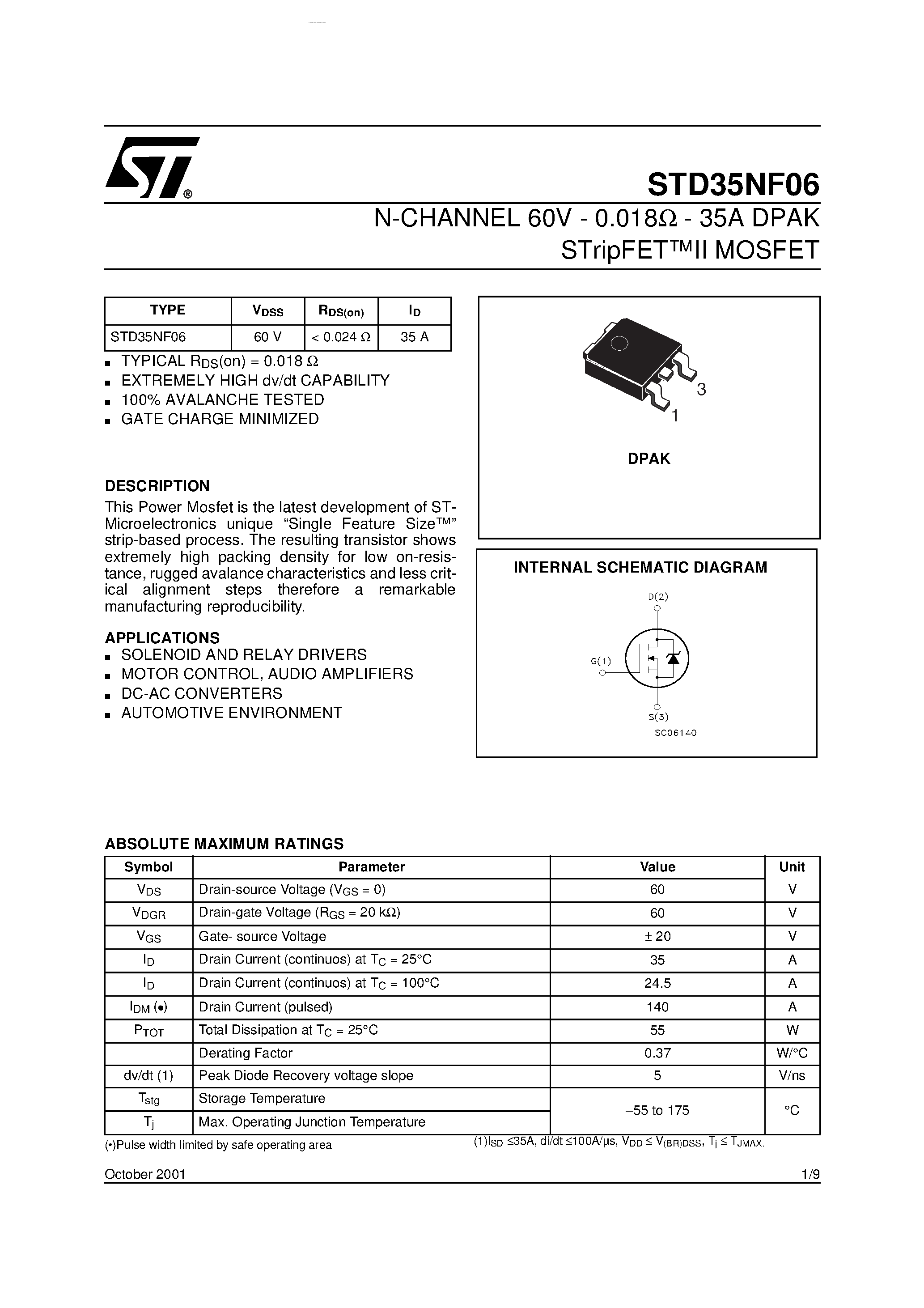 Даташит STD35NF06 - N-CHANNEL MOSFET страница 1