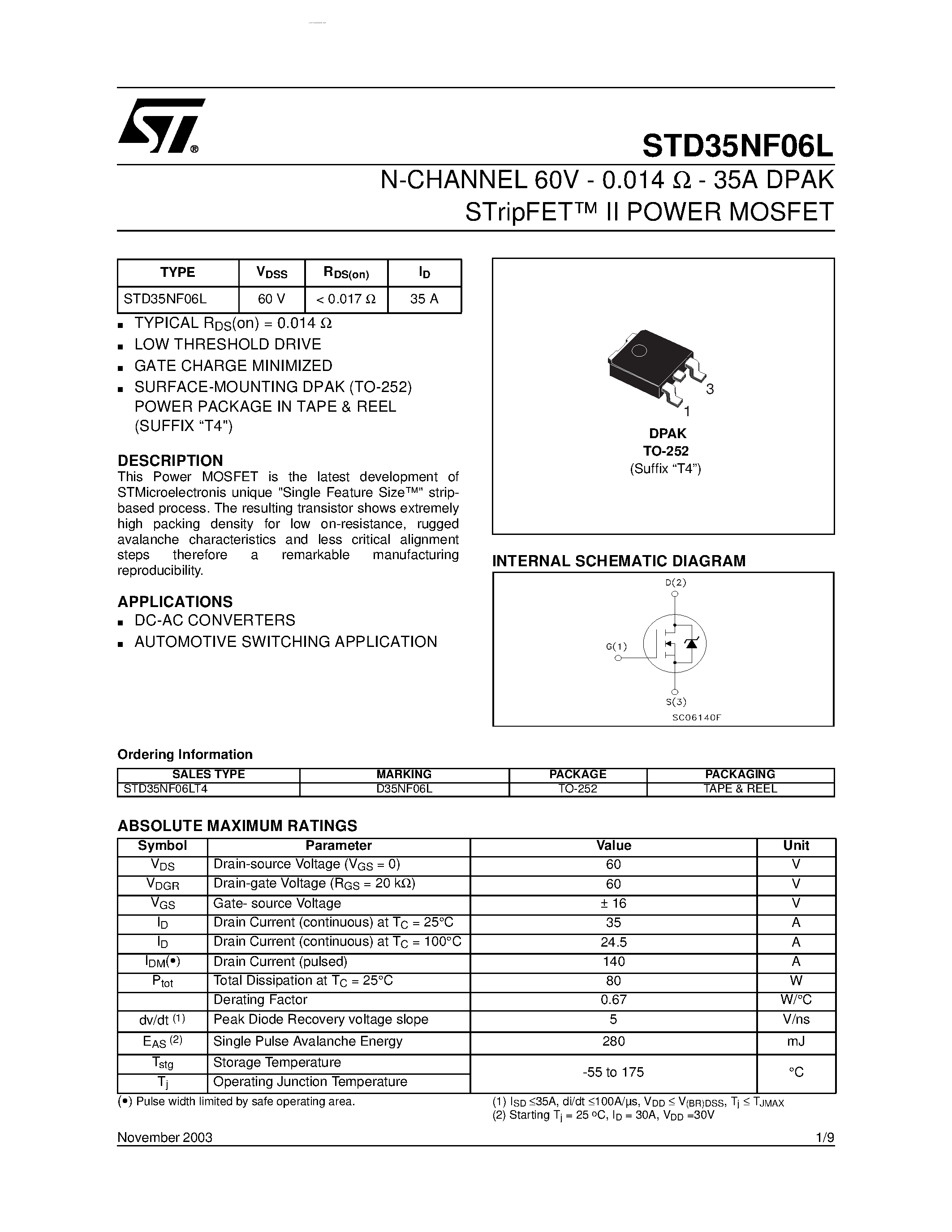 Datasheet STD35NF06L page 1 Datasheet STD35NF06L - N-CHANNEL MOSFET page 1