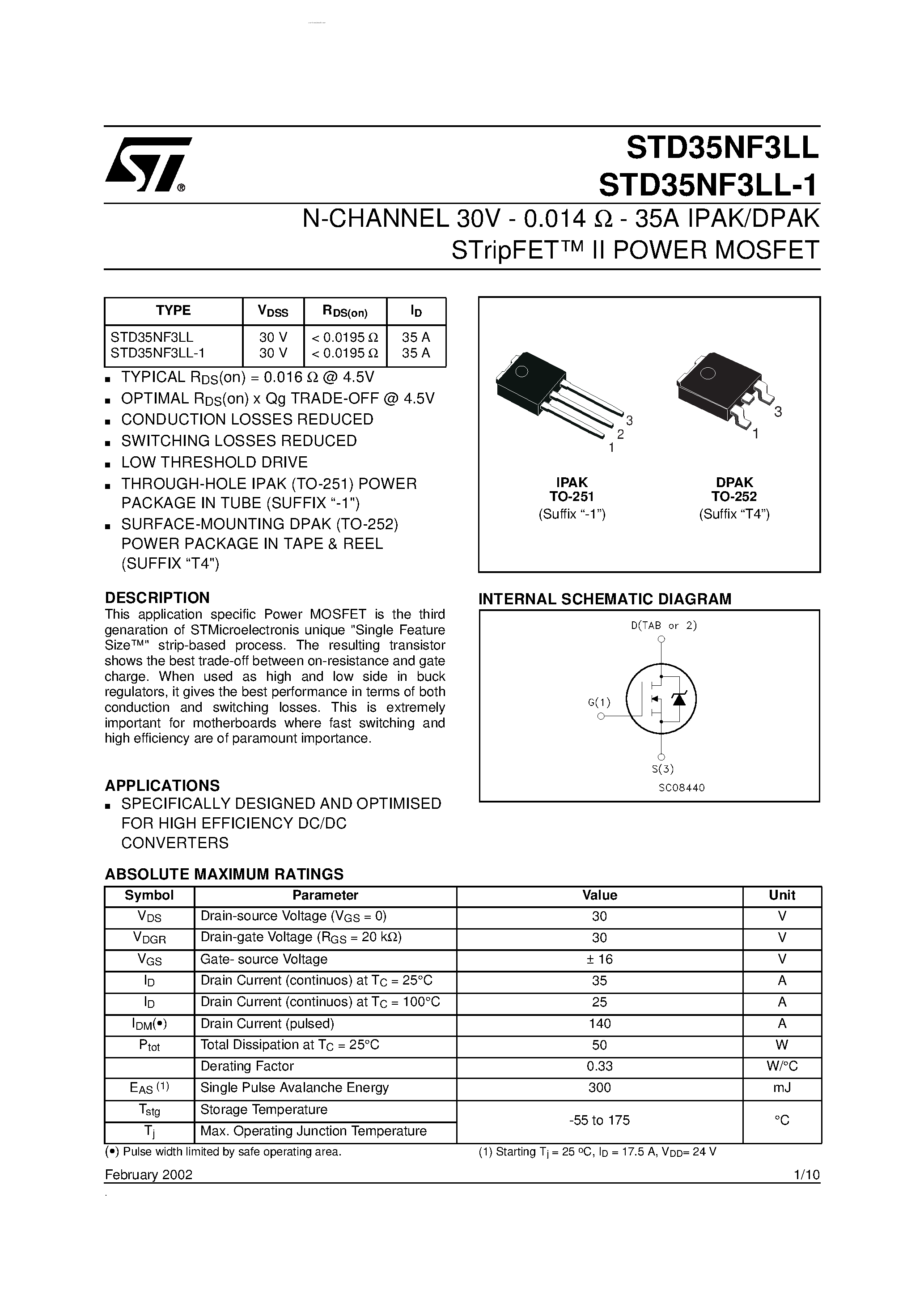 Даташит STD35NF3LL - N-CHANNEL MOSFET страница 1