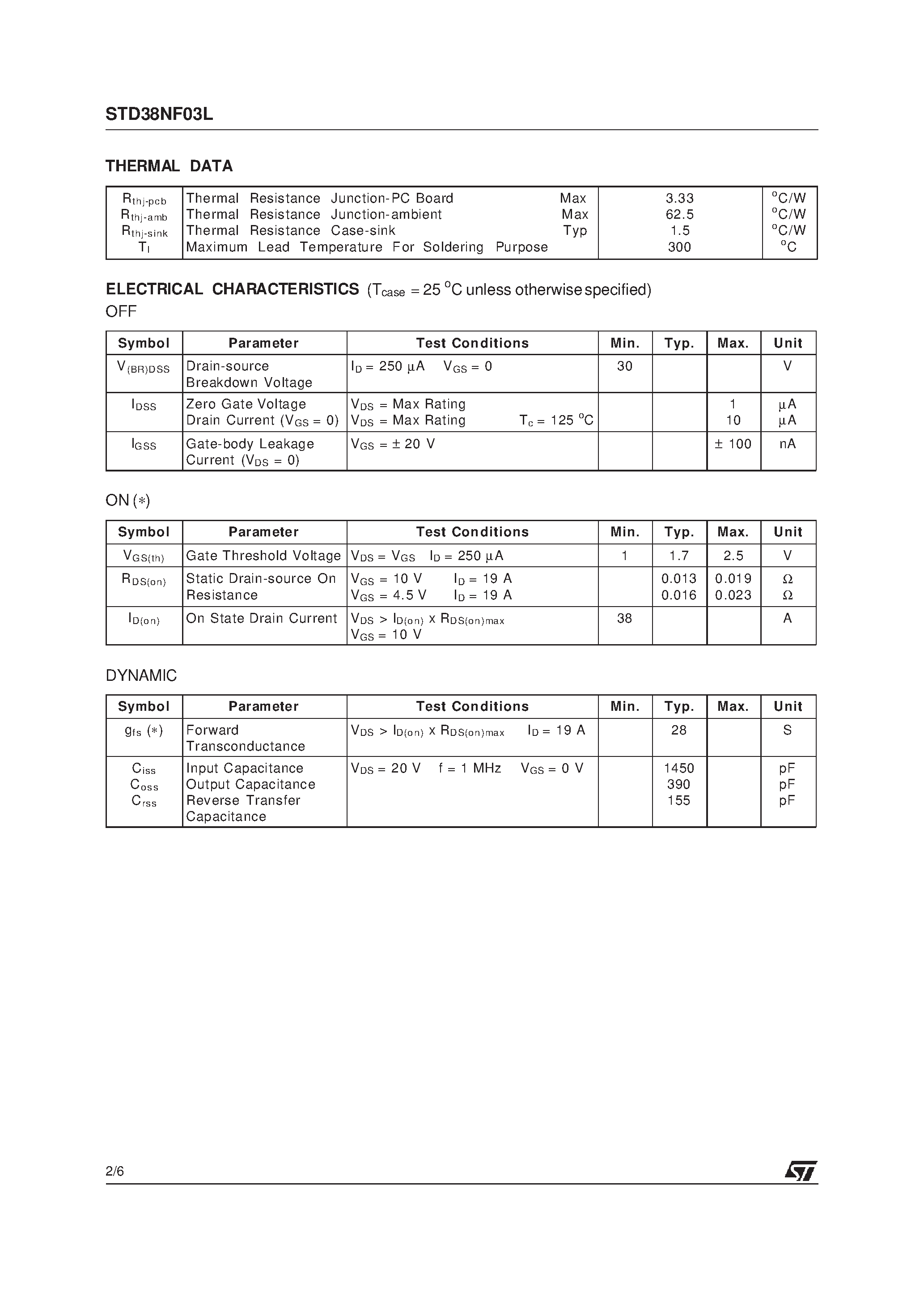 Datasheet STD38NF03L page 2 Datasheet STD38NF03L - N-CHANNEL MOSFET page 2