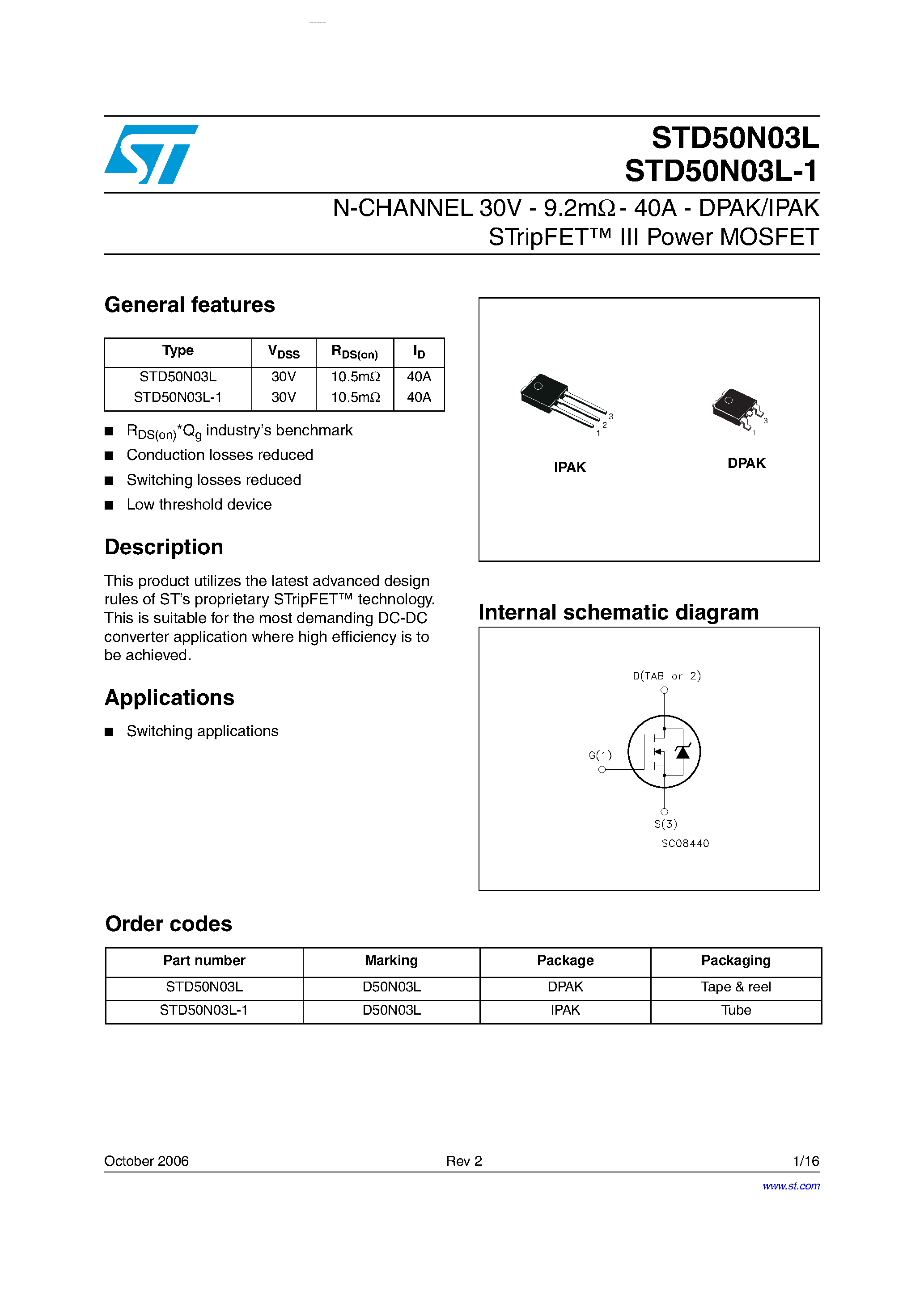 Datasheet STD50N03L - N-CHANNEL MOSFET page 1