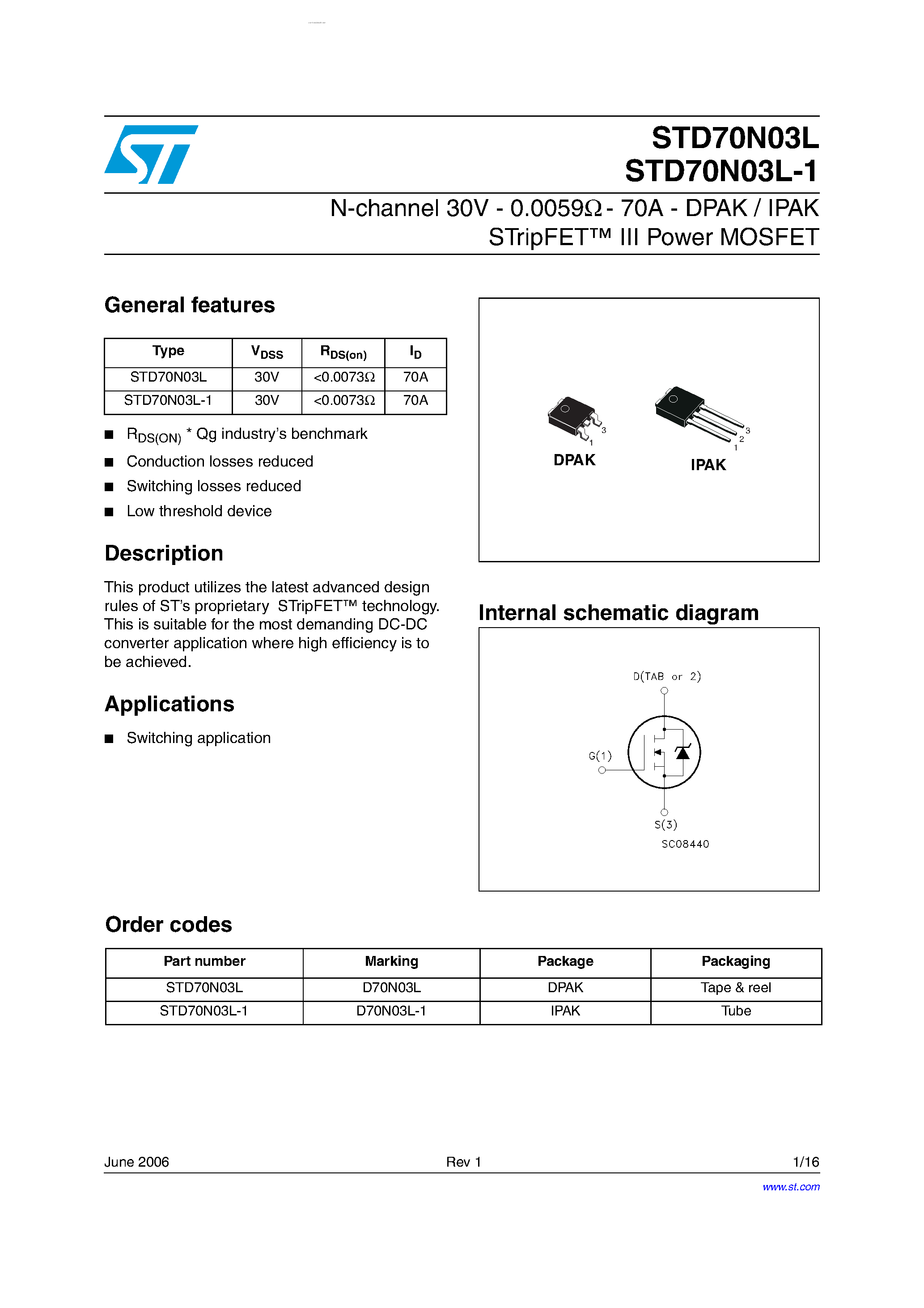 Datasheet STD70N03L - N-CHANNEL MOSFET page 1