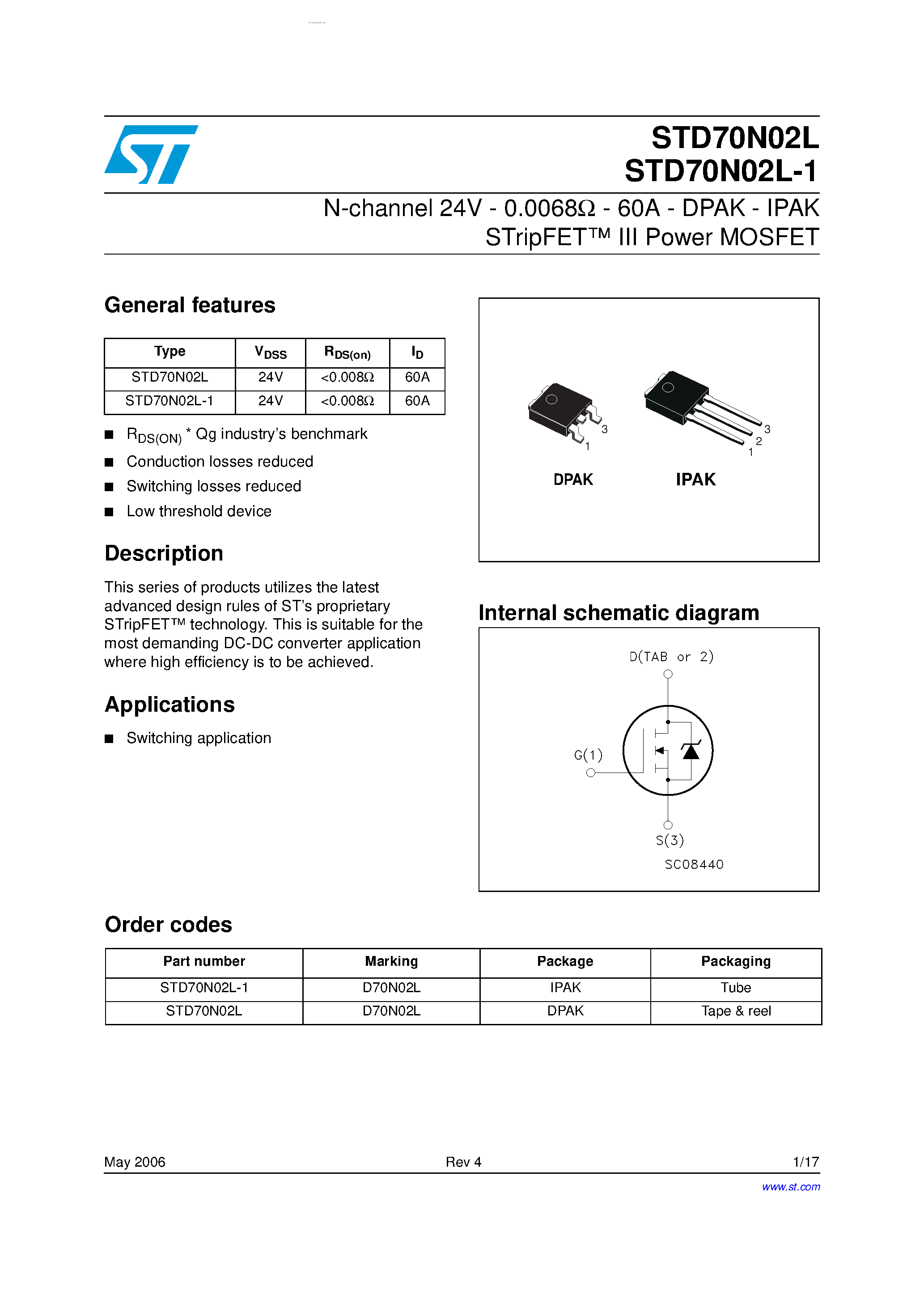 Datasheet STD70N02L - N-CHANNEL MOSFET page 1