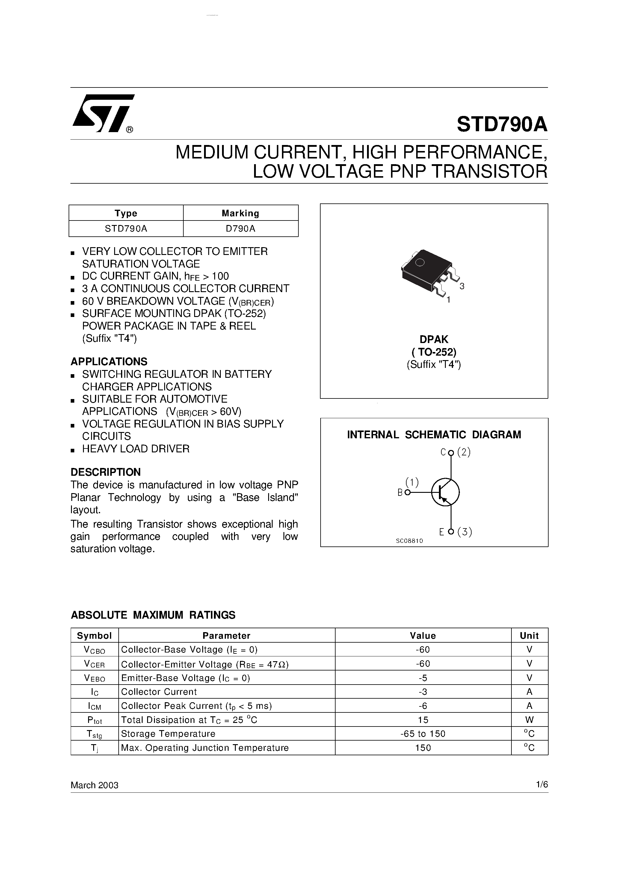 Datasheet STD790A - LOW VOLTAGE PNP TRANSISTOR page 1