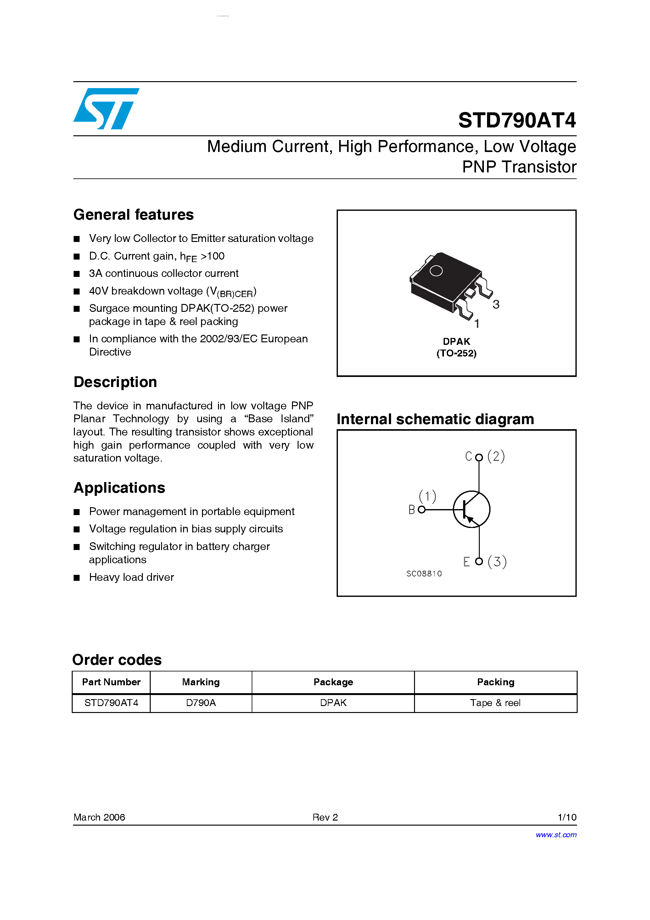 Datasheet STD790AT4 page 1 Datasheet STD790AT4 - Low Voltage PNP Transistor page 1