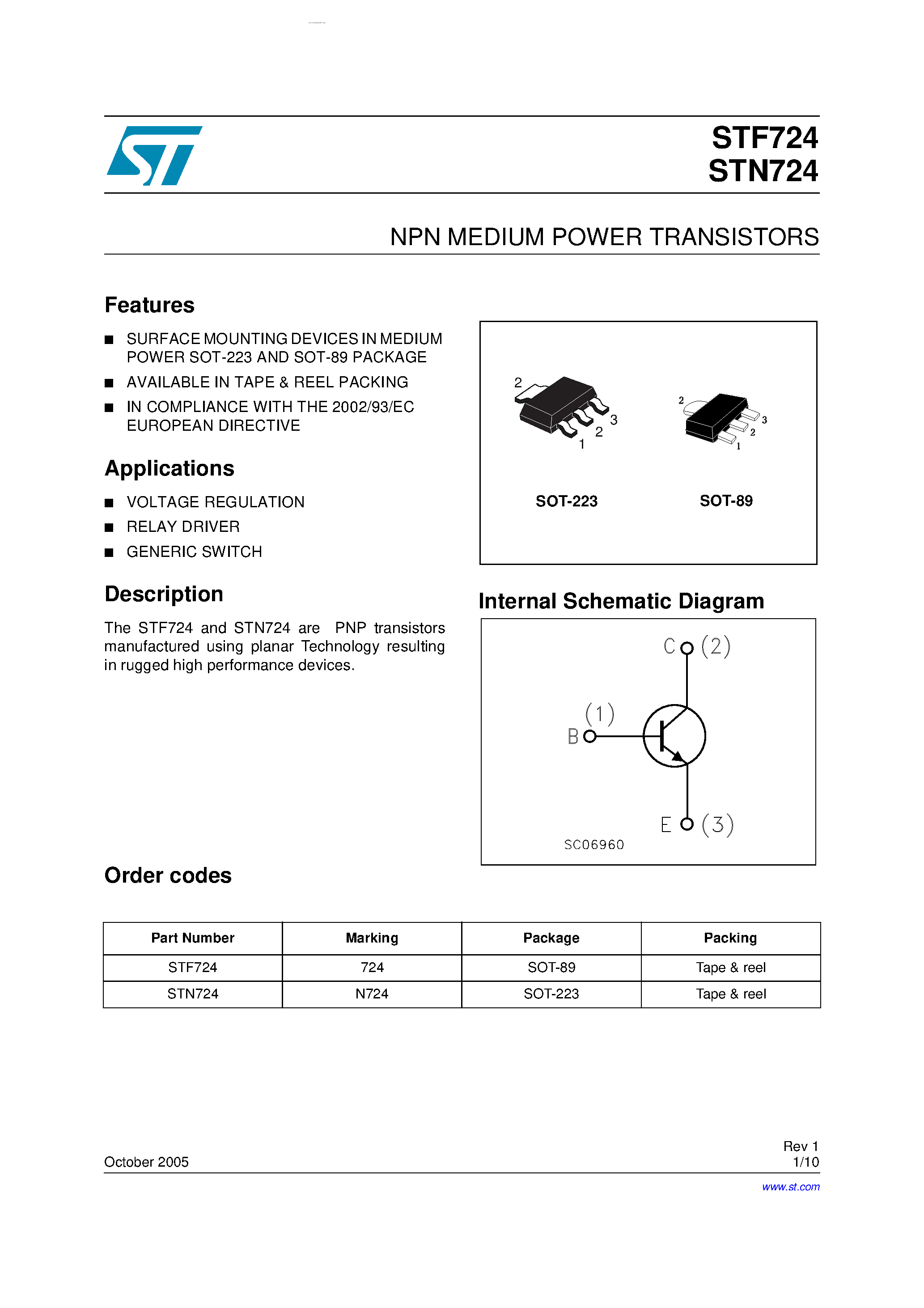 Datasheet STN724 page 1 Datasheet STN724 - NPN MEDIUM POWER TRANSISTORS page 1