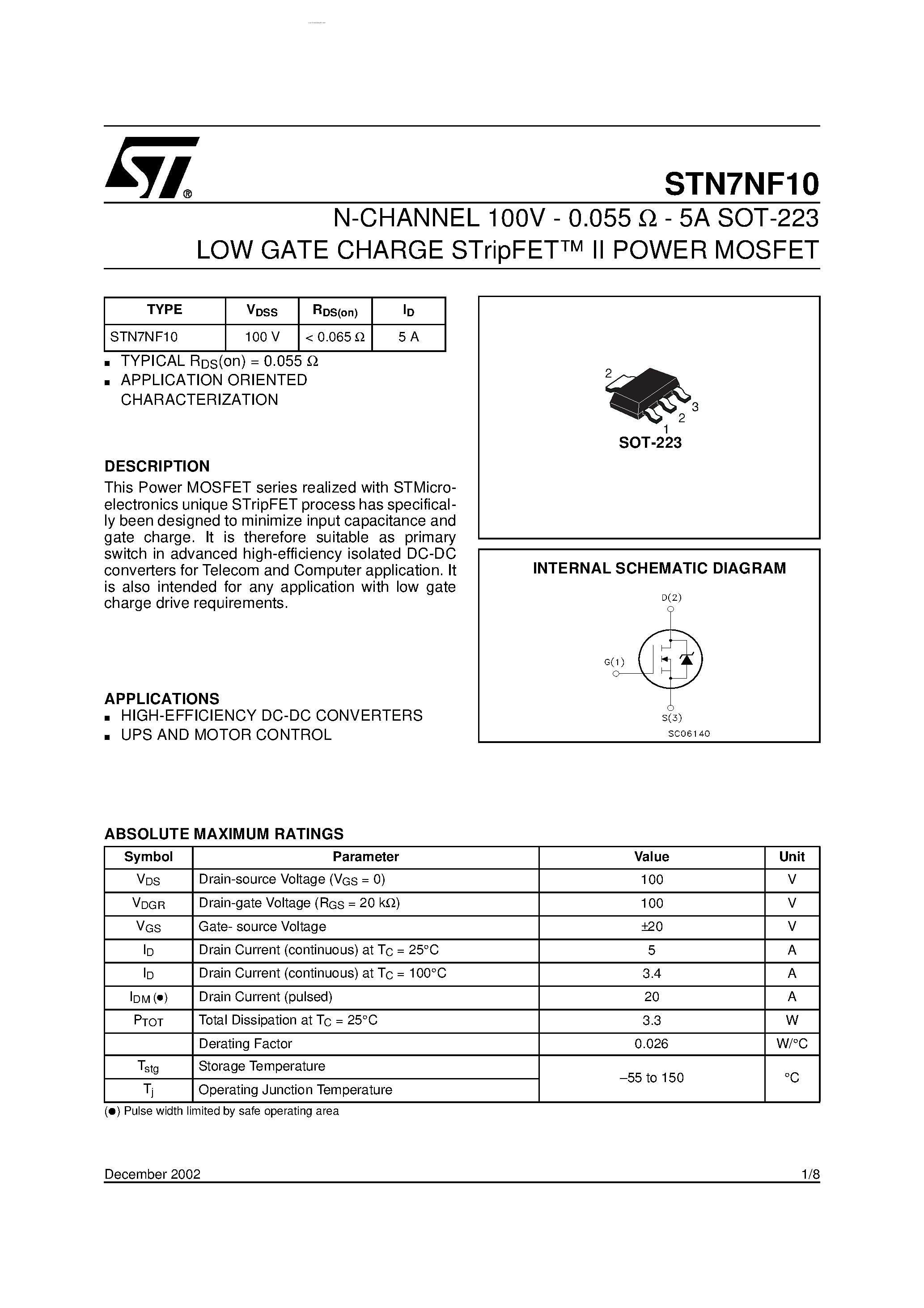 Datasheet STN7NF10 - N-CHANNEL MOSFET page 1