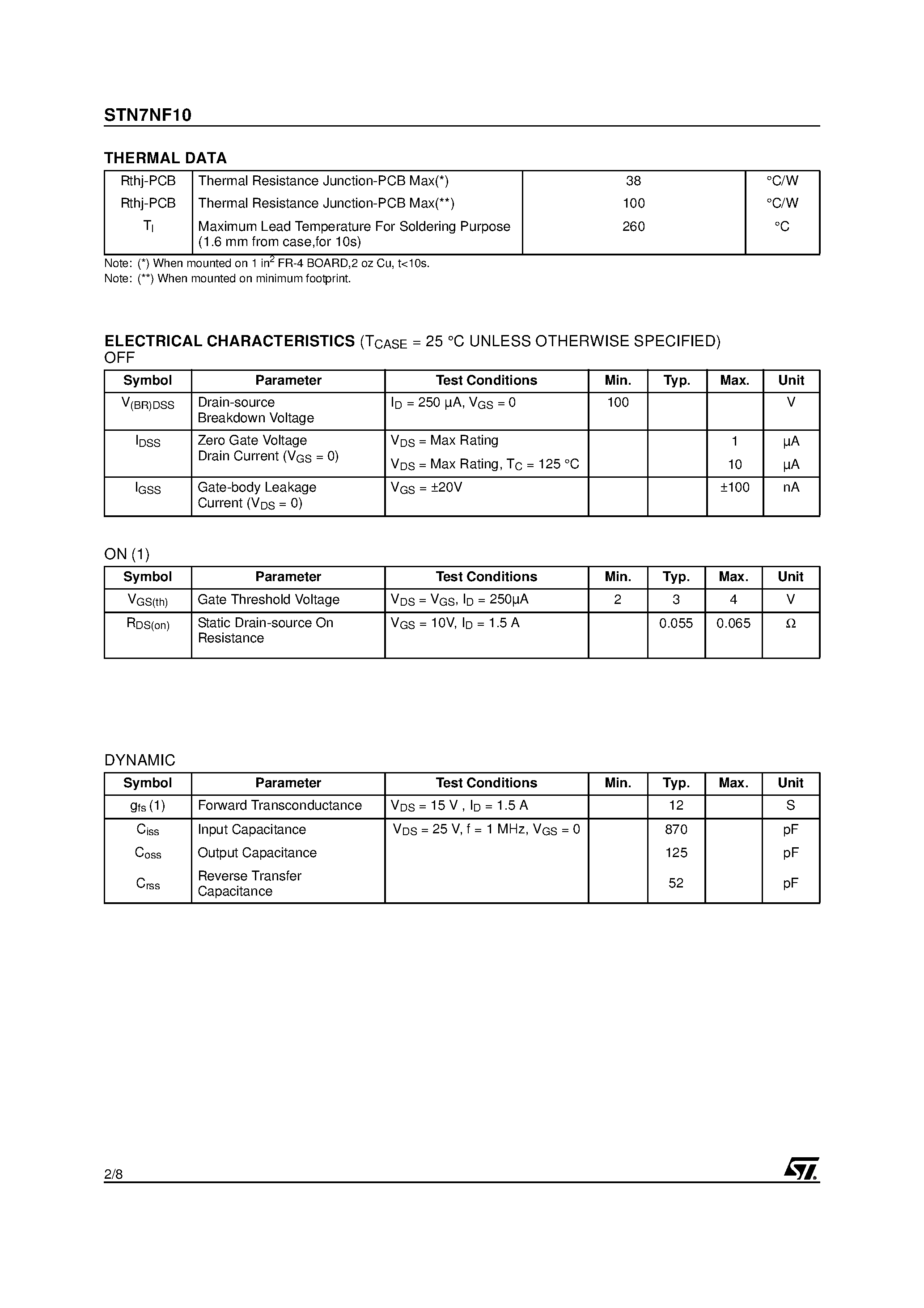 Datasheet STN7NF10 - N-CHANNEL MOSFET page 2