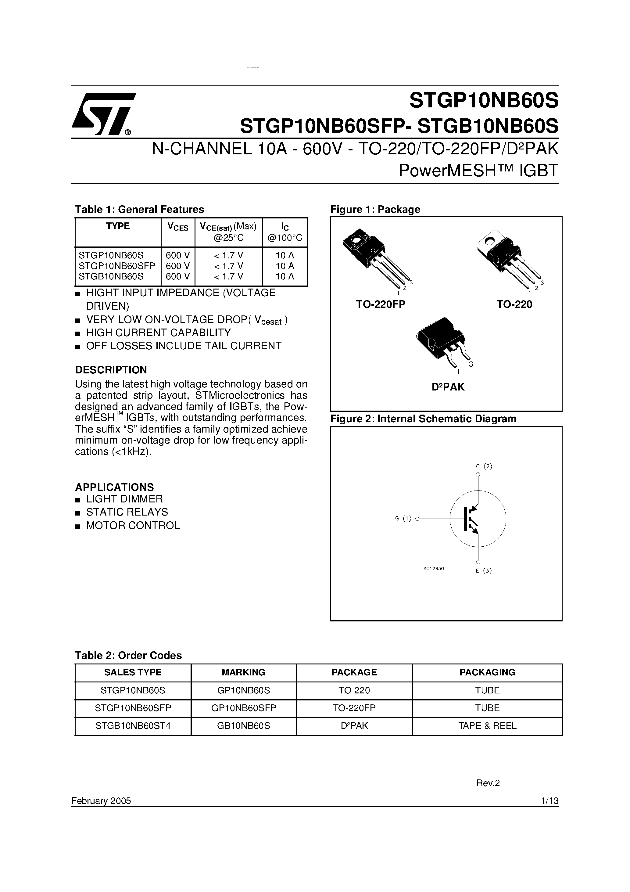 Datasheet STGB10NB60S page 1 Datasheet STGB10NB60S - N-CHANNEL IGBT page 1