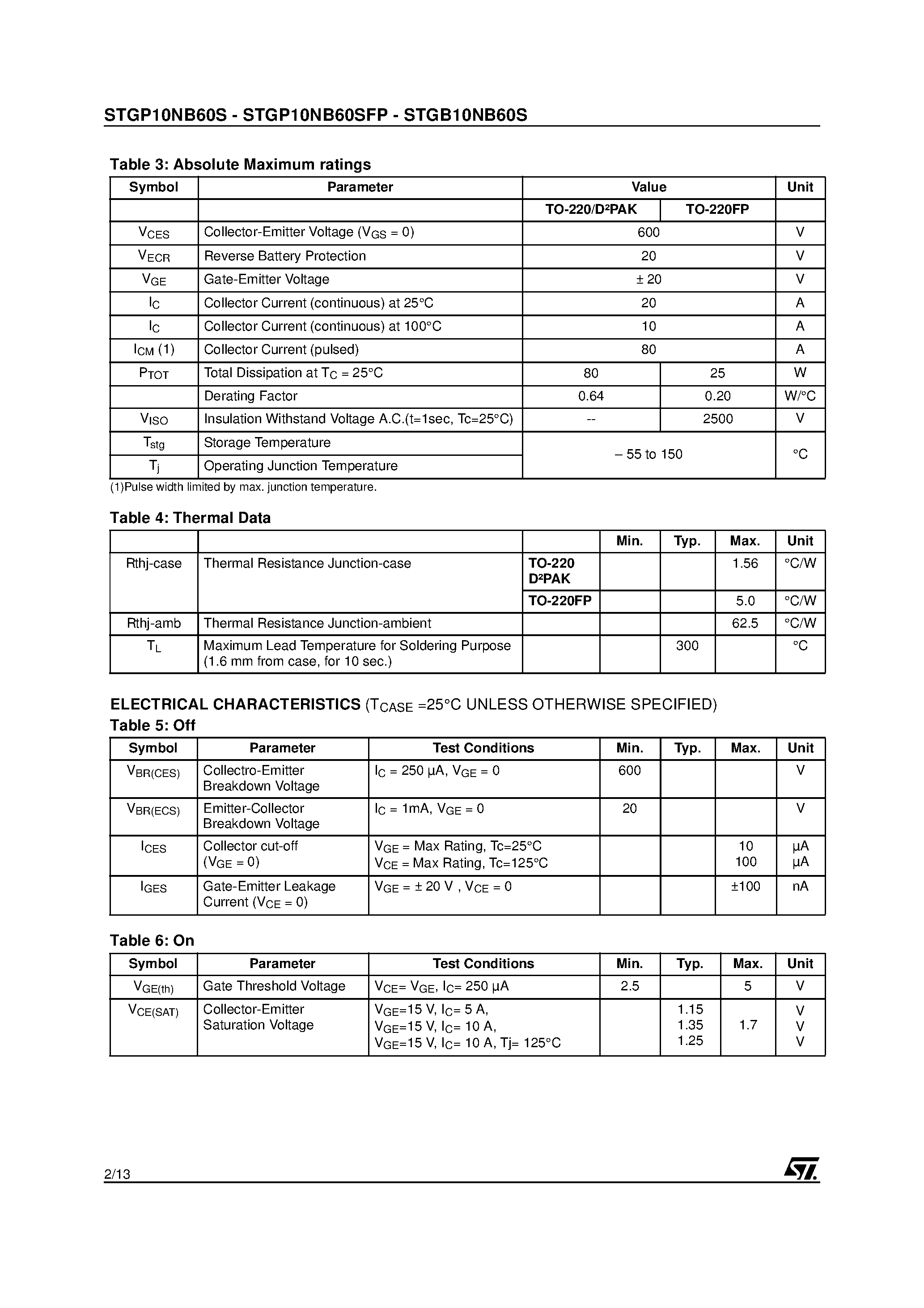 Datasheet STGB10NB60S page 2 Datasheet STGB10NB60S - N-CHANNEL IGBT page 2