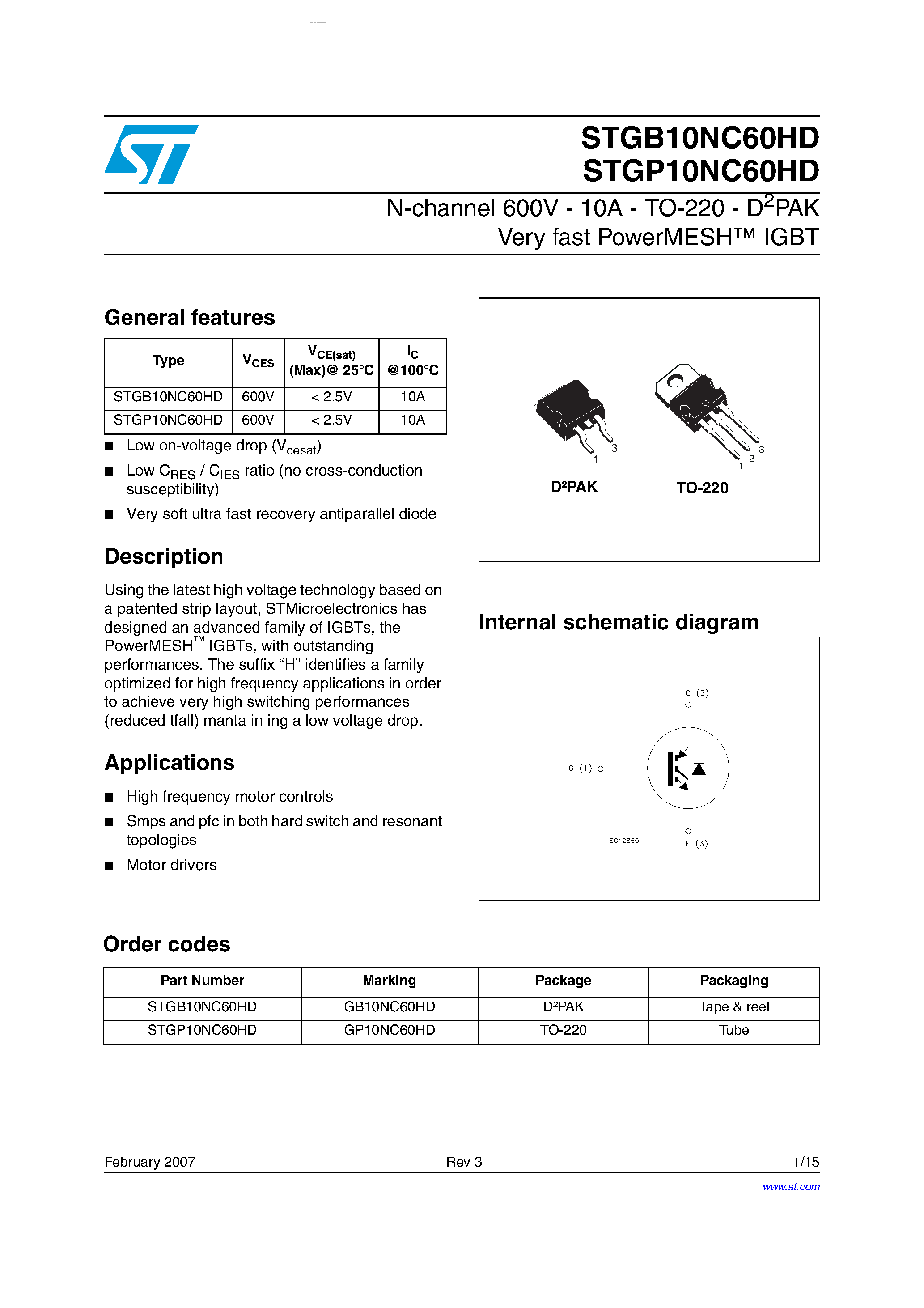 Datasheet STGB10NC60HD page 1 Datasheet STGB10NC60HD - N-CHANNEL IGBT page 1