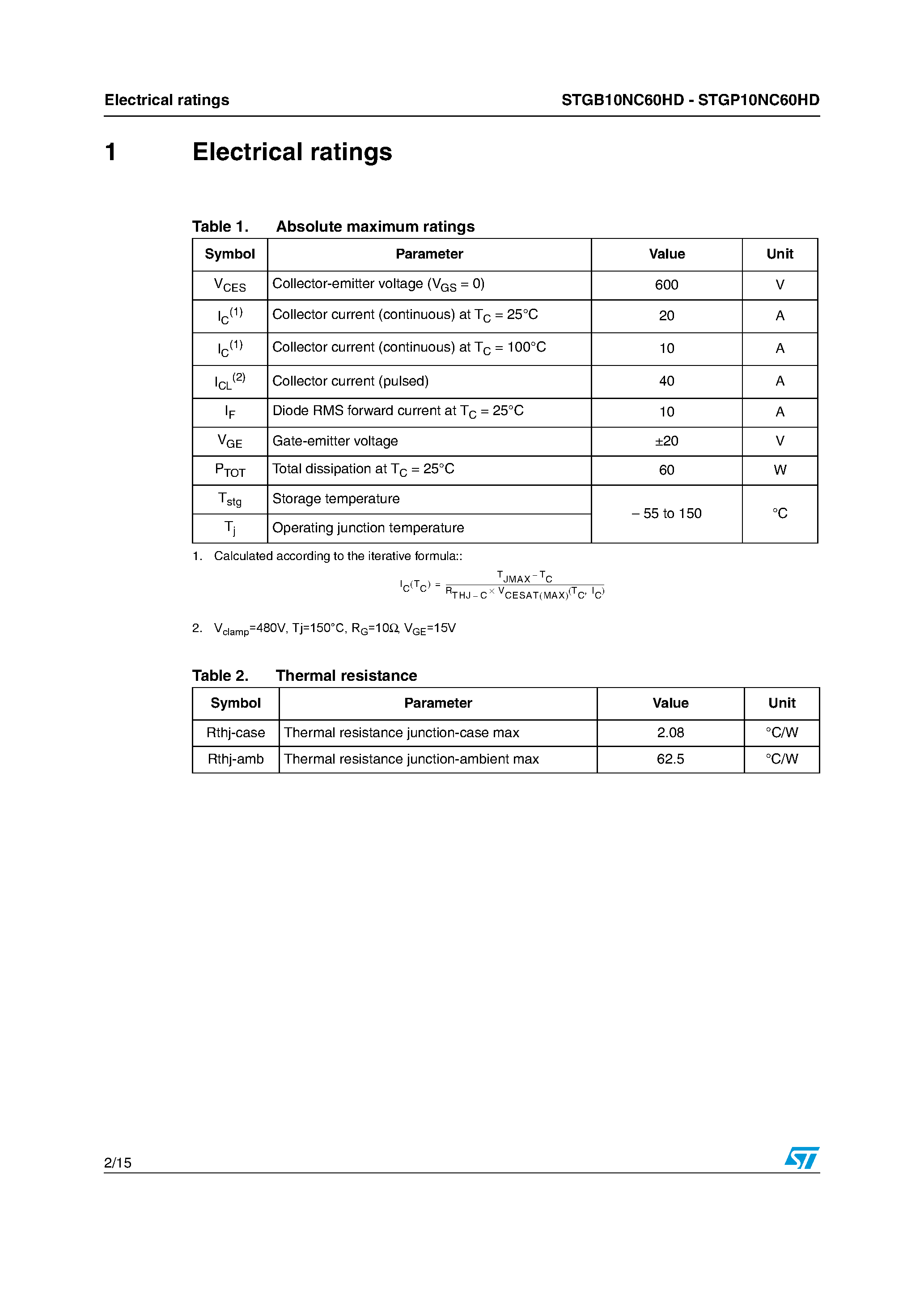 Datasheet STGB10NC60HD page 2 Datasheet STGB10NC60HD - N-CHANNEL IGBT page 2