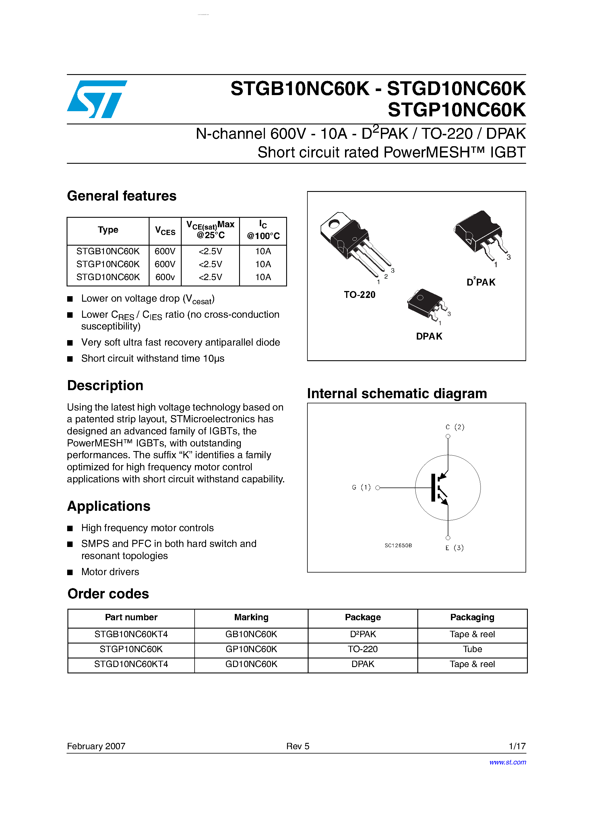 Datasheet STGB10NC60K - N-CHANNEL IGBT page 1