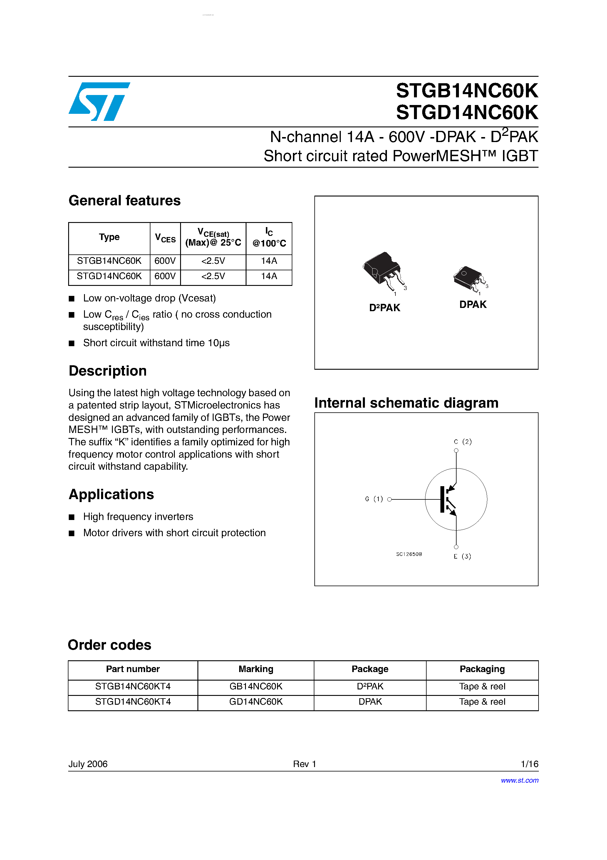 Datasheet STGB14NC60K - N-CHANNEL IGBT page 1