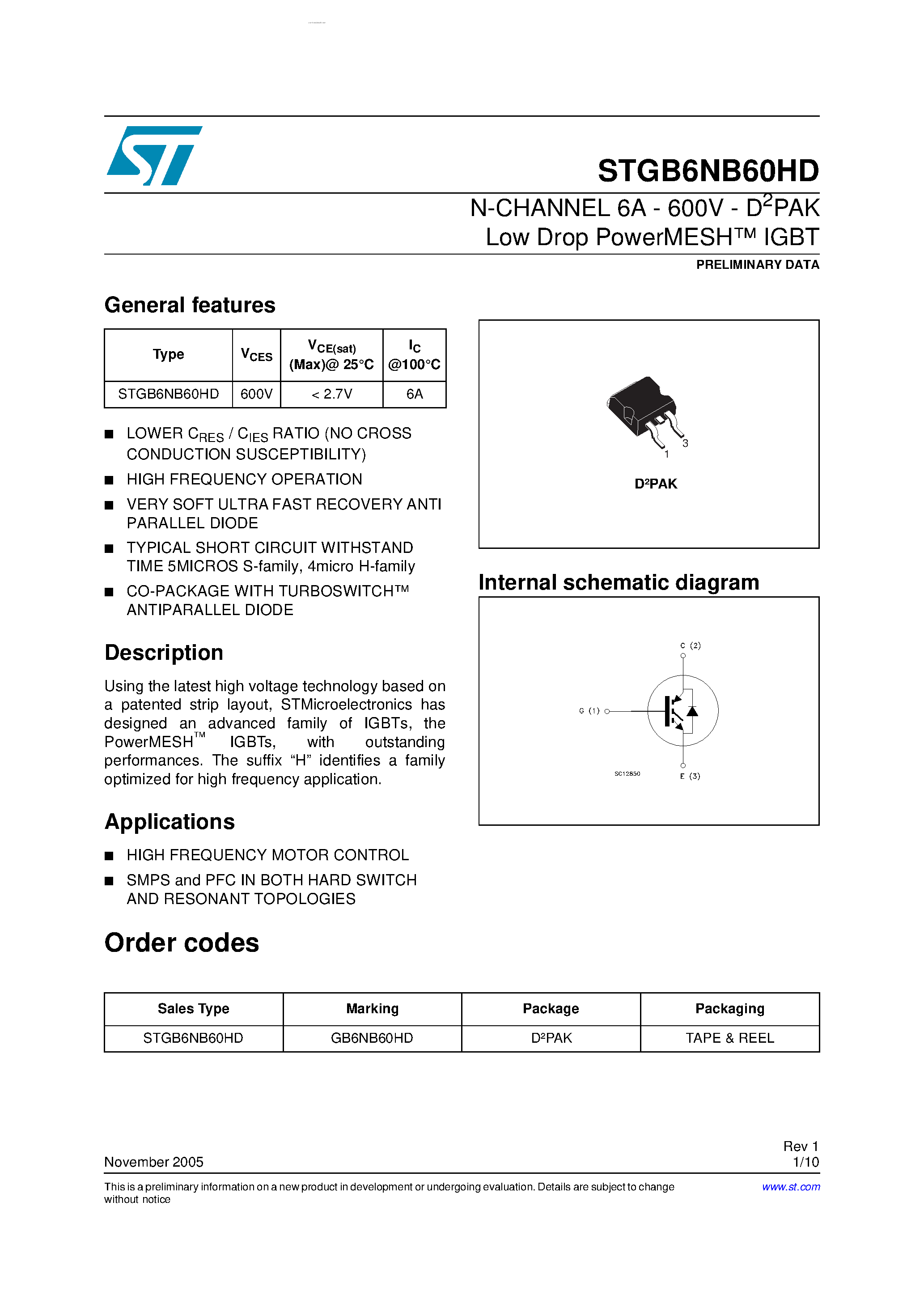 Datasheet STGB6NB60HD - N-CHANNEL IGBT page 1