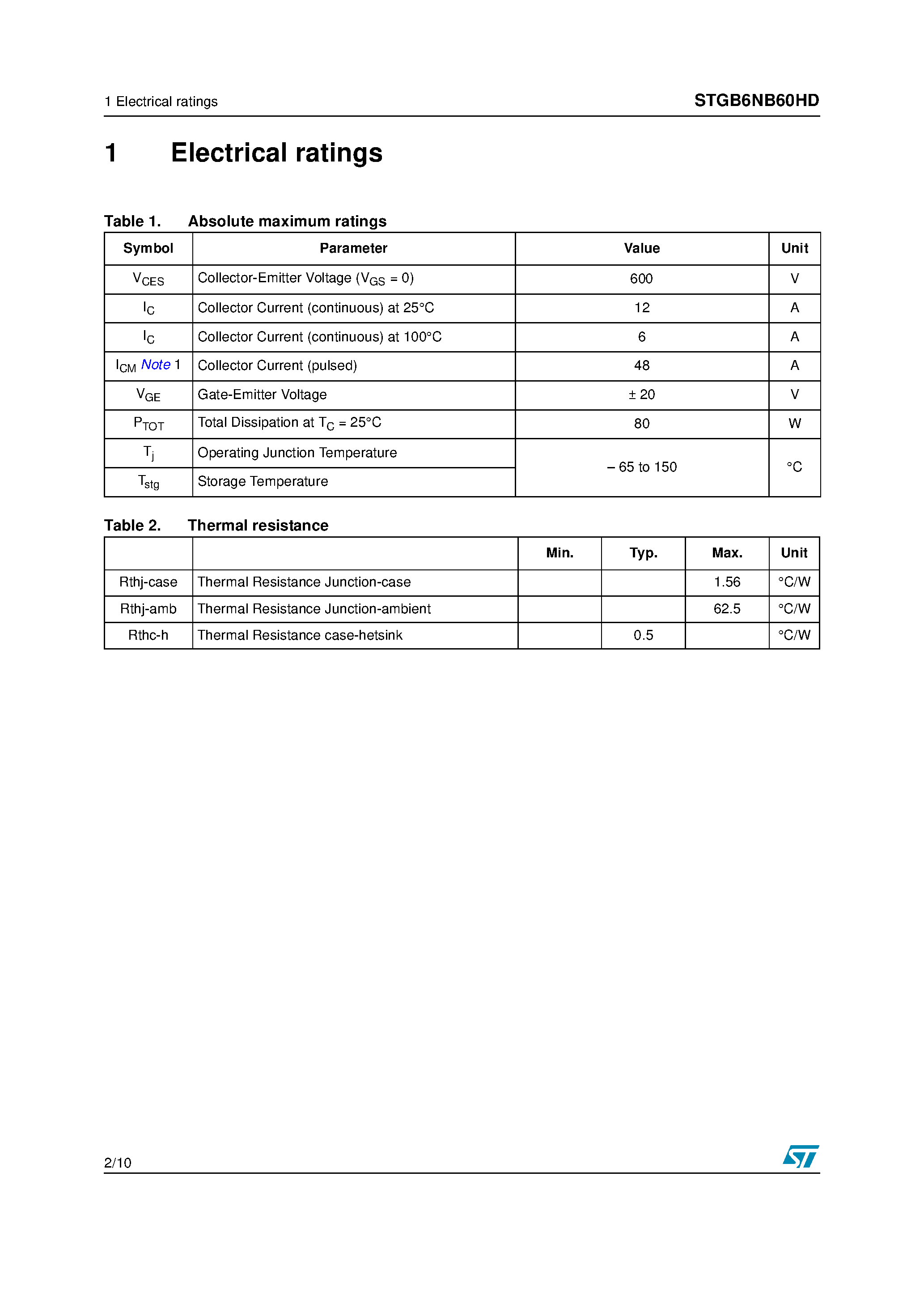 Datasheet STGB6NB60HD - N-CHANNEL IGBT page 2