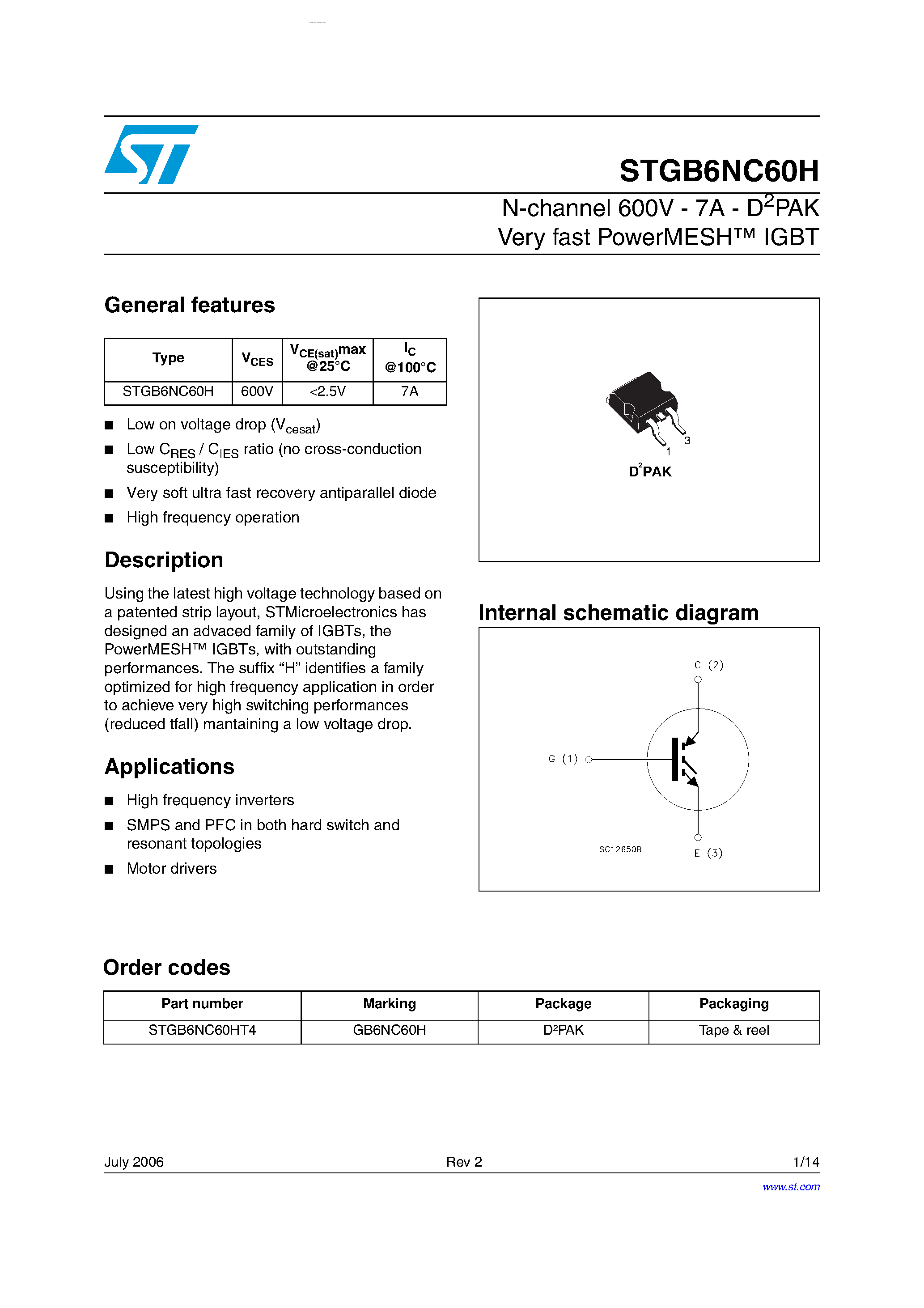 Datasheet STGB6NC60H - N-CHANNEL IGBT page 1