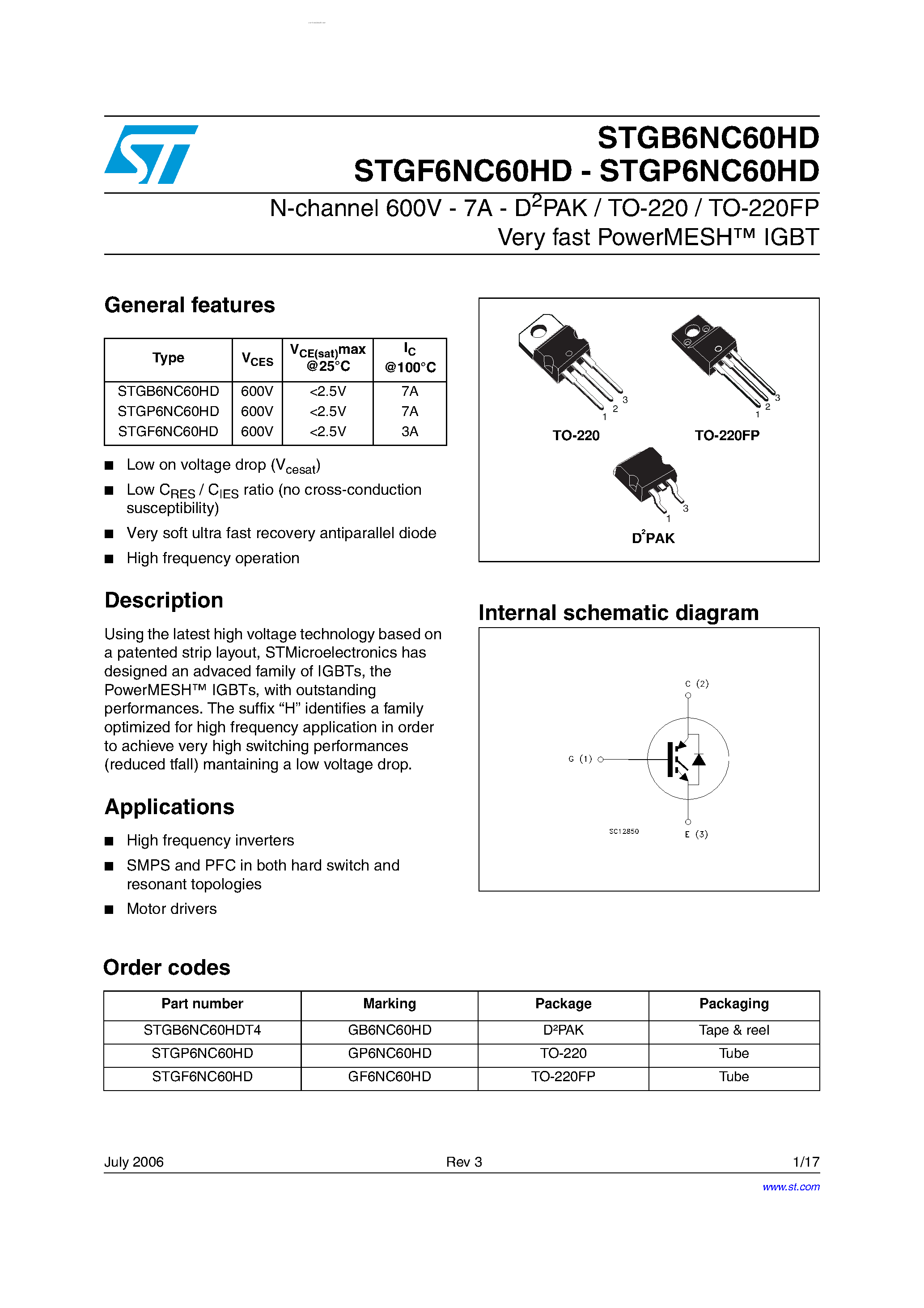 Datasheet STGB6NC60HD - N-CHANNEL IGBT page 1