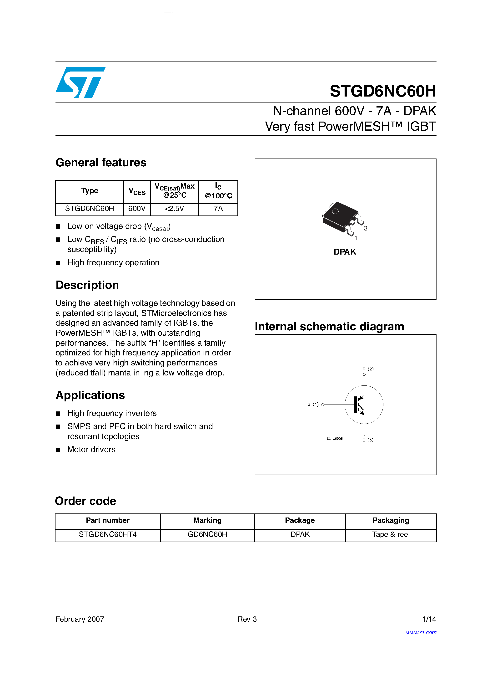 Datasheet STGD6NC60H - N-CHANNEL IGBT page 1