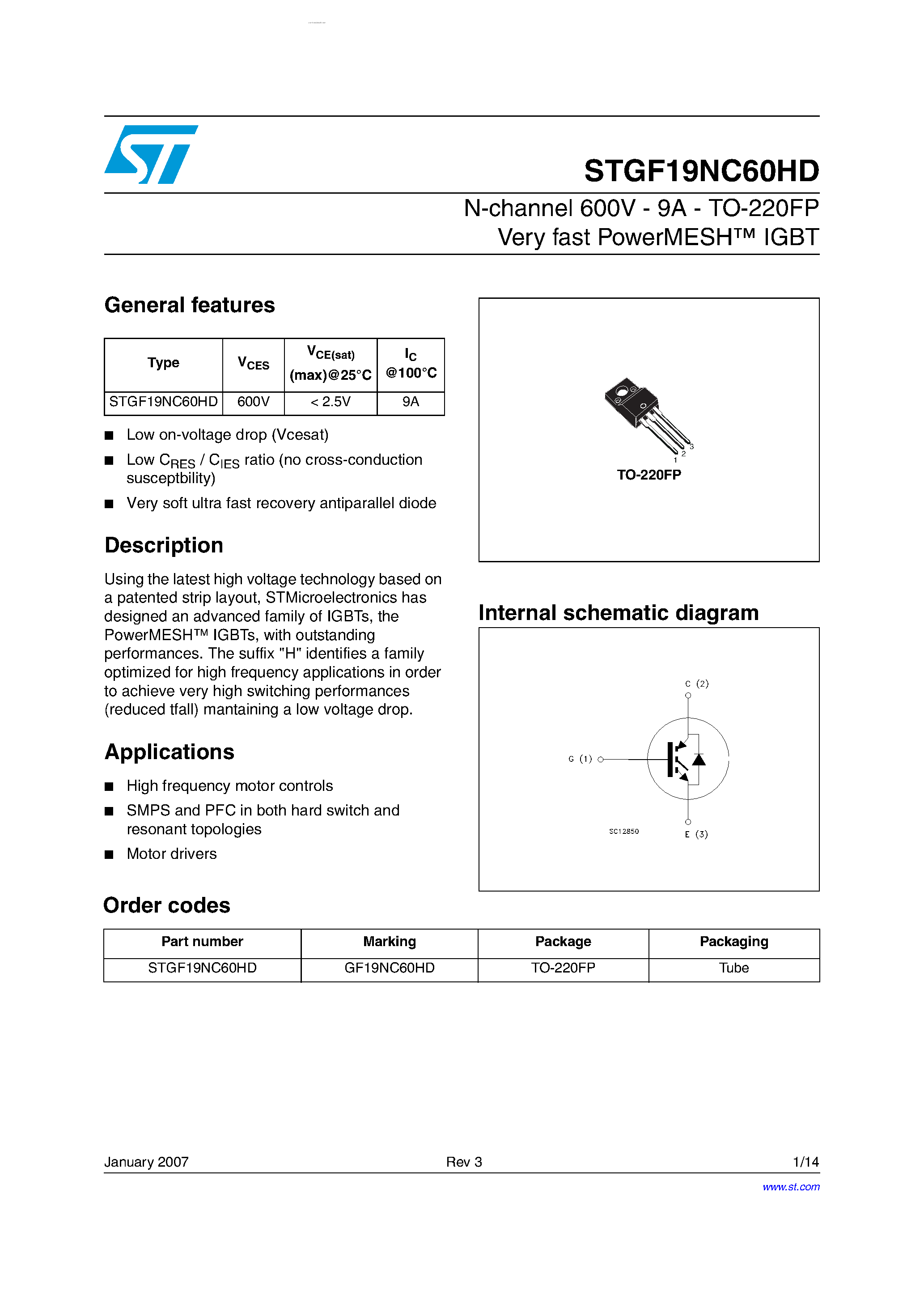 Datasheet STGF19NC60HD - N-CHANNEL IGBT page 1