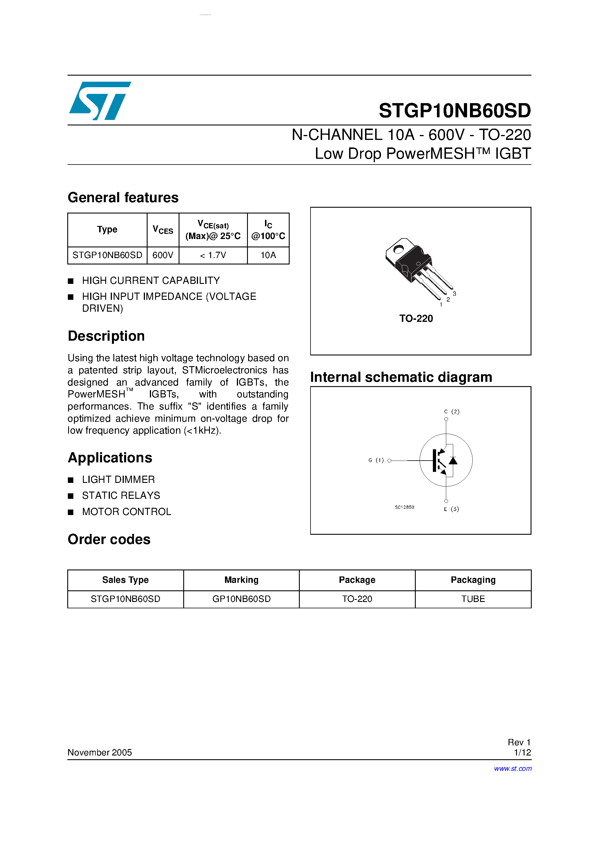 Datasheet STGP10NB60SD - N-CHANNEL IGBT page 1