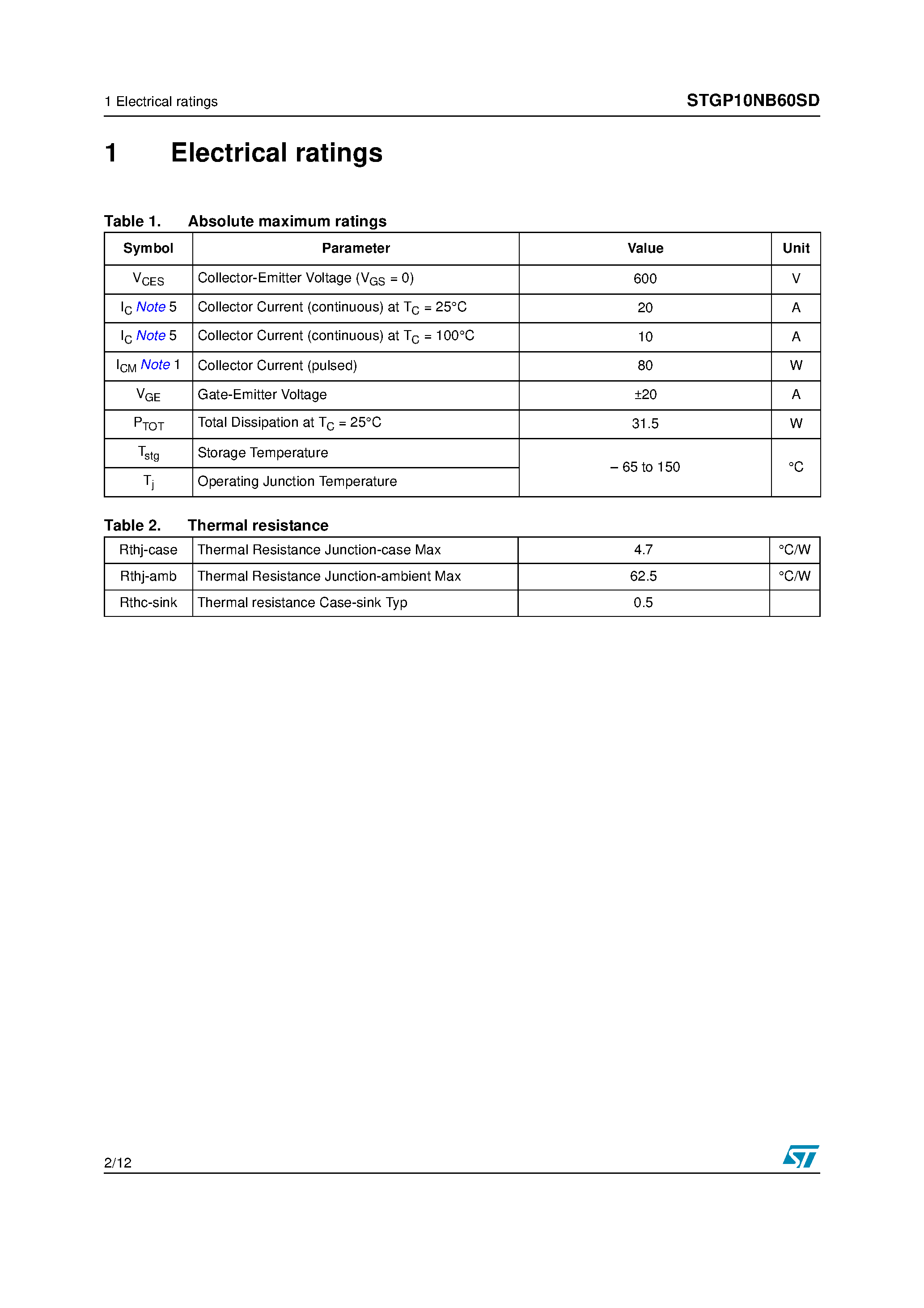 Datasheet STGP10NB60SD - N-CHANNEL IGBT page 2