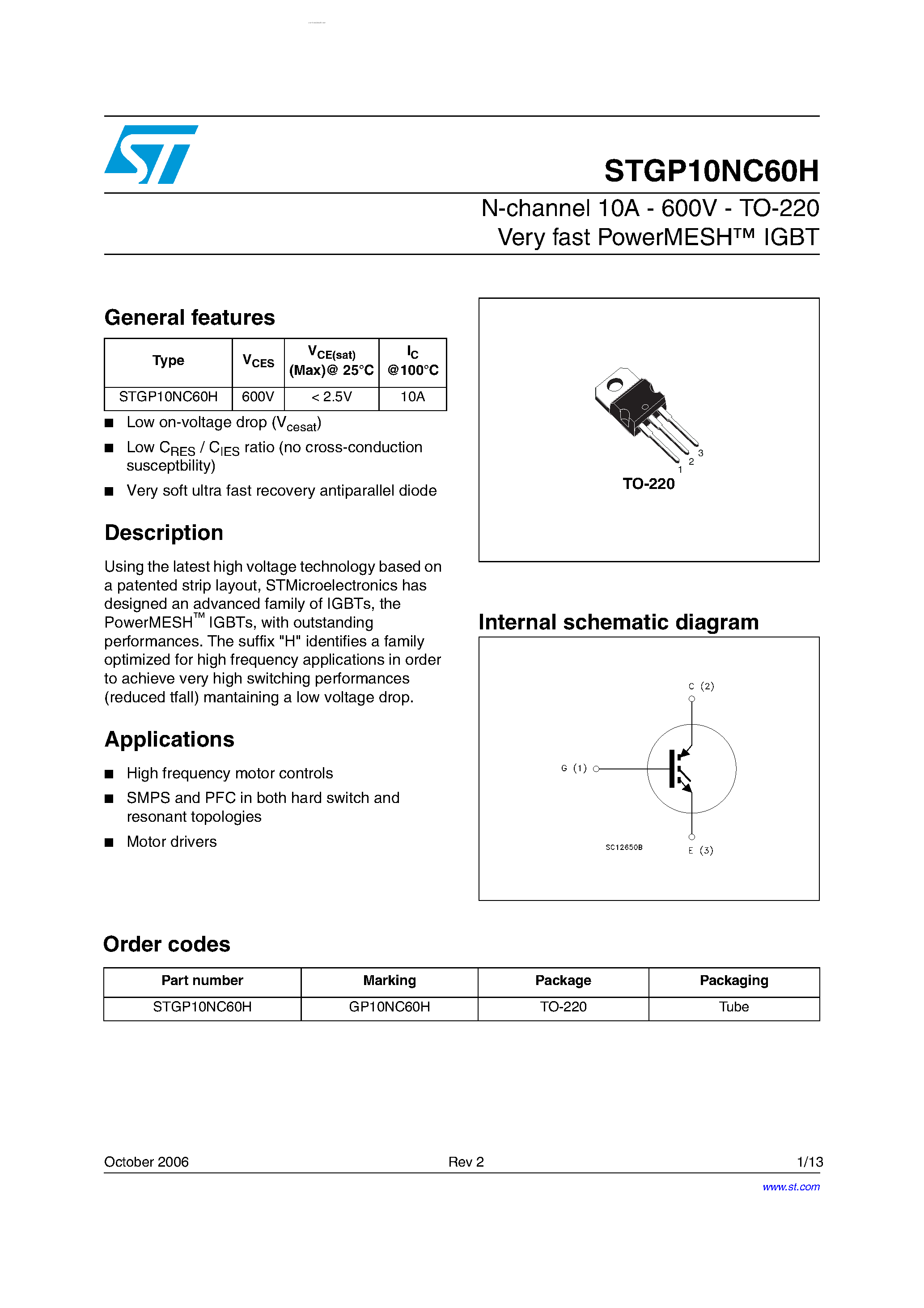 Datasheet STGP10NC60H page 1 Datasheet STGP10NC60H - N-CHANNEL IGBT page 1