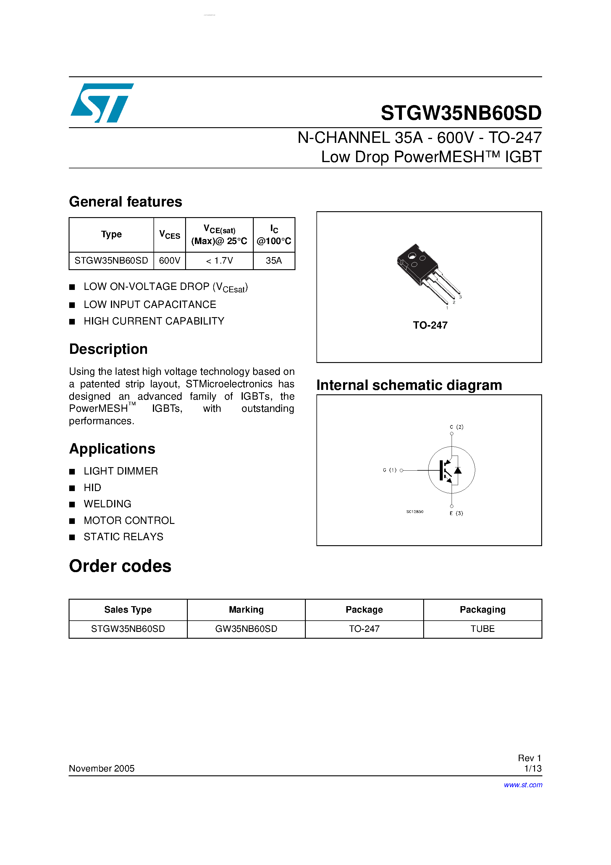 Datasheet STGW35NB60SD page 1 Datasheet STGW35NB60SD - N-CHANNEL IGBT page 1