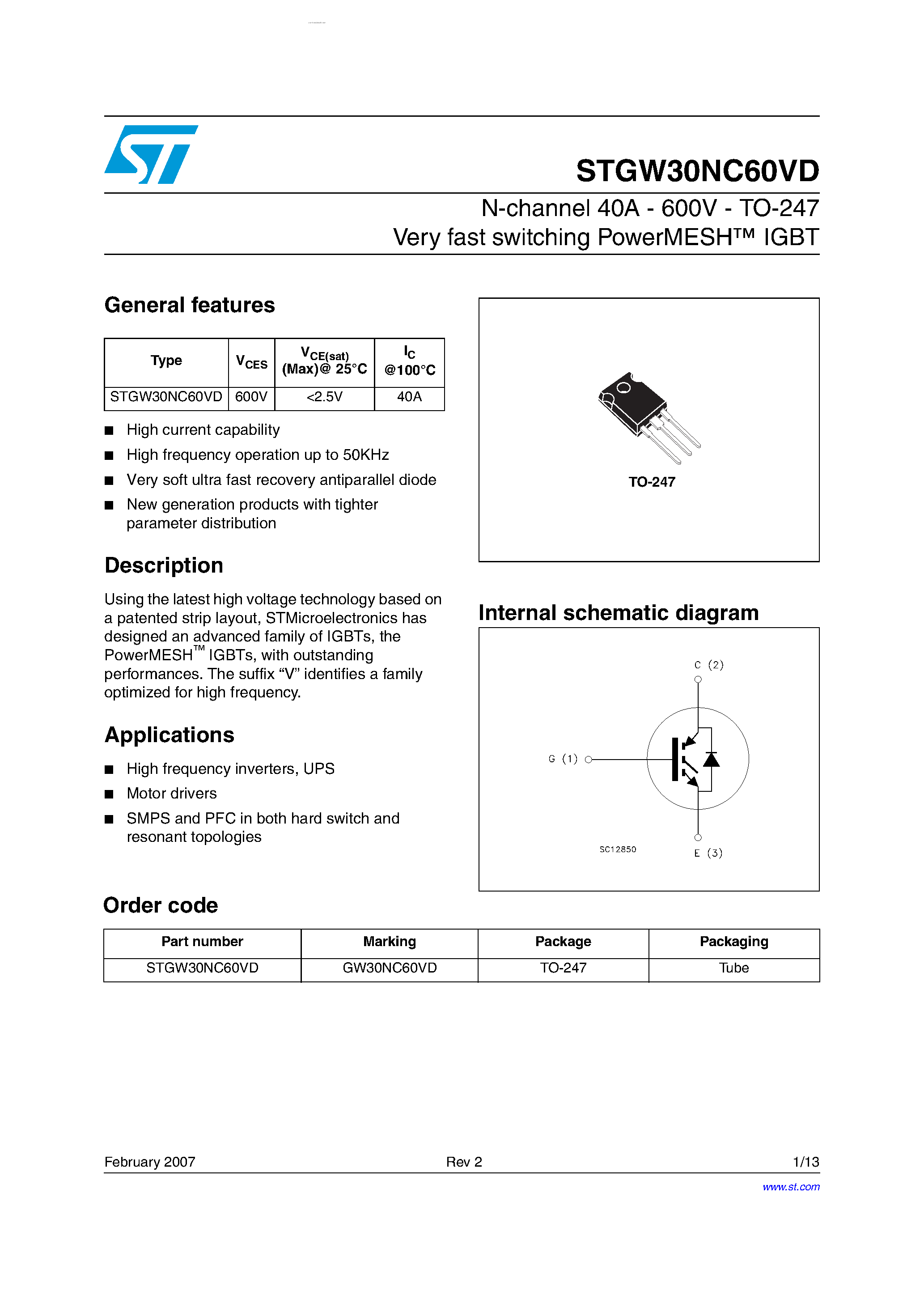 Datasheet STGW30NC60VD - N-CHANNEL IGBT page 1
