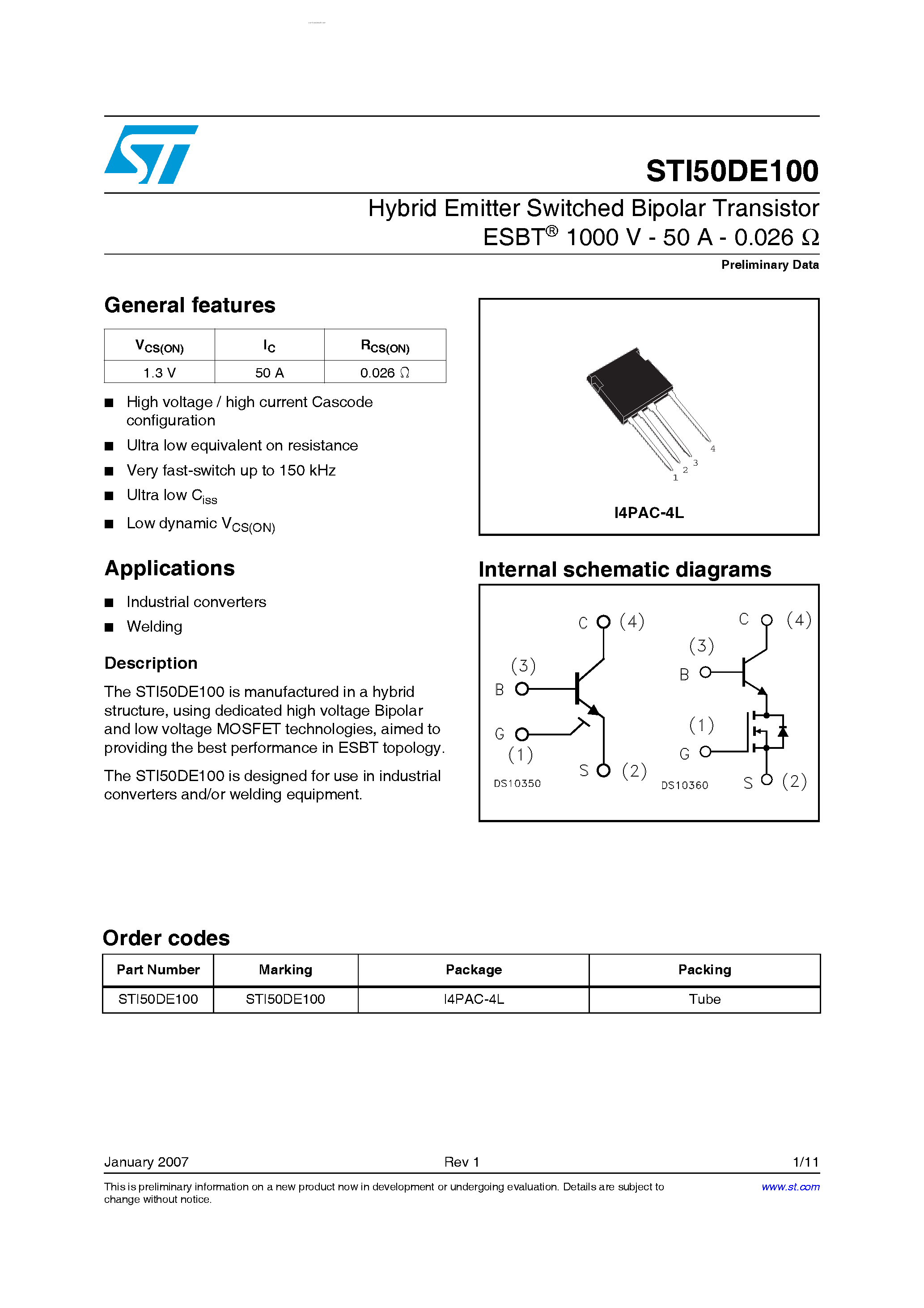 Datasheet STI50DE100 page 1 Datasheet STI50DE100 - Hybrid Emitter Switched Bipolar Transistor ESBT page 1