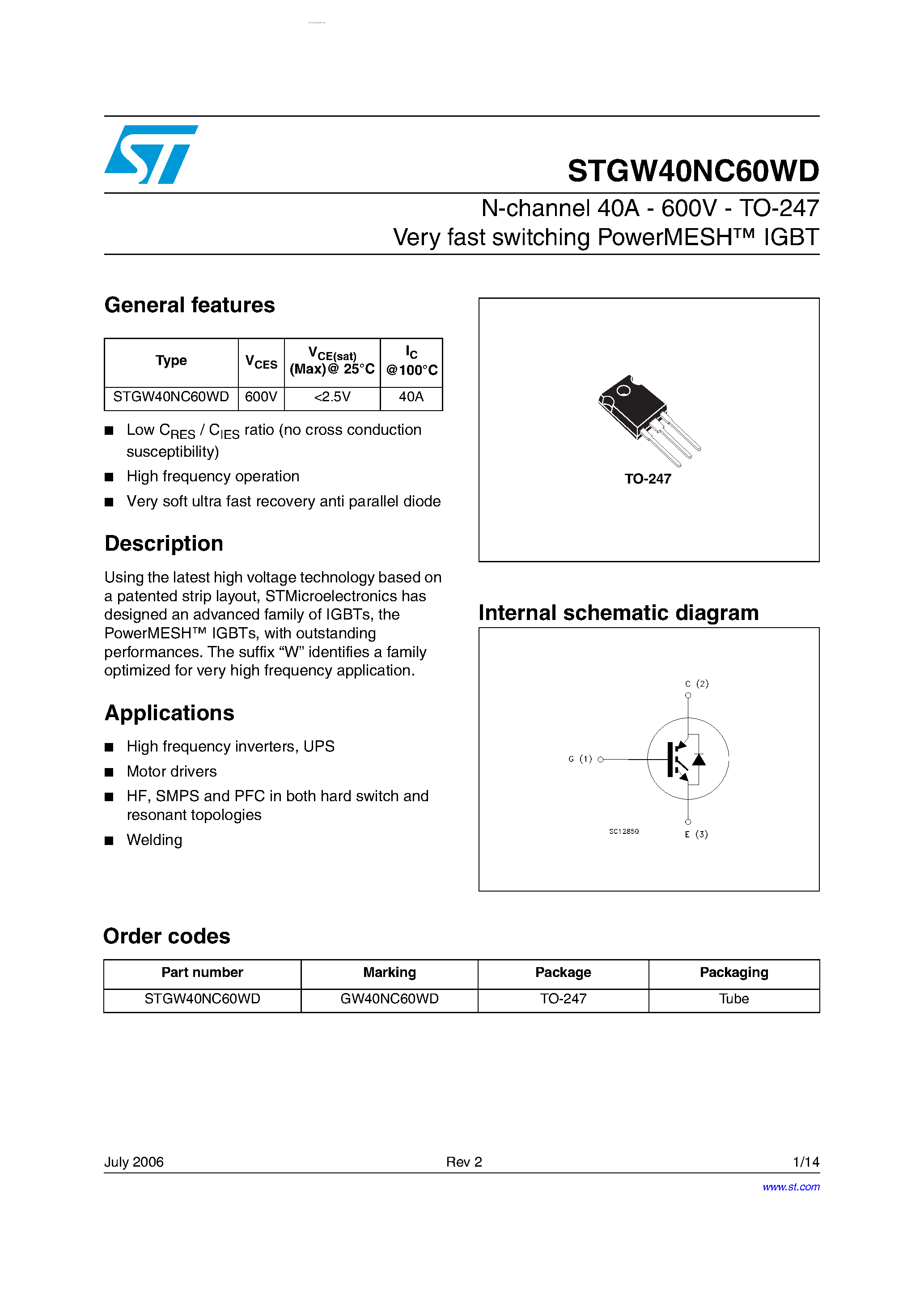 Datasheet STGW40NC60WD page 1 Datasheet STGW40NC60WD - N-CHANNEL IGBT page 1