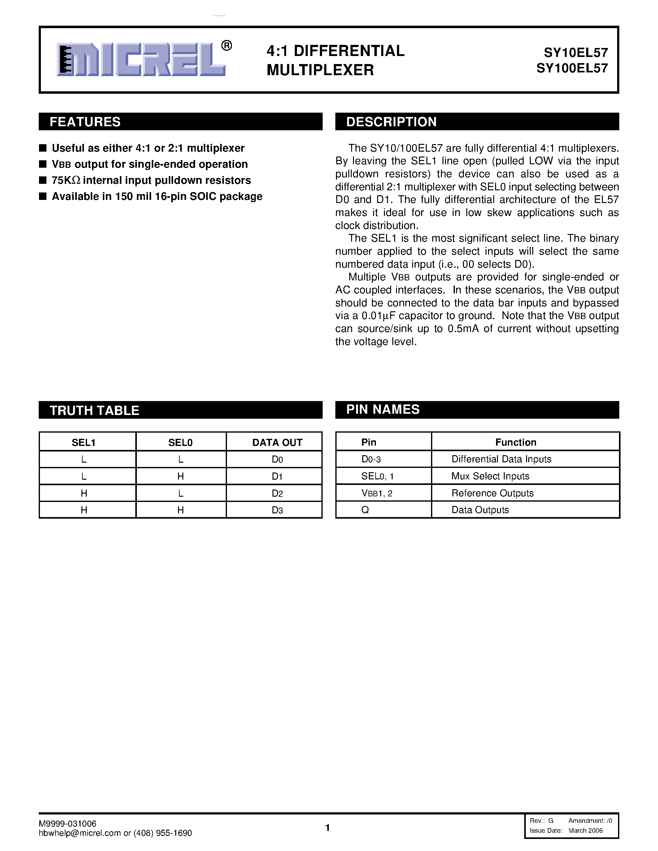 Datasheet SY100EL57 - 4:1 DIFFERENTIAL MULTIPLEXER page 1