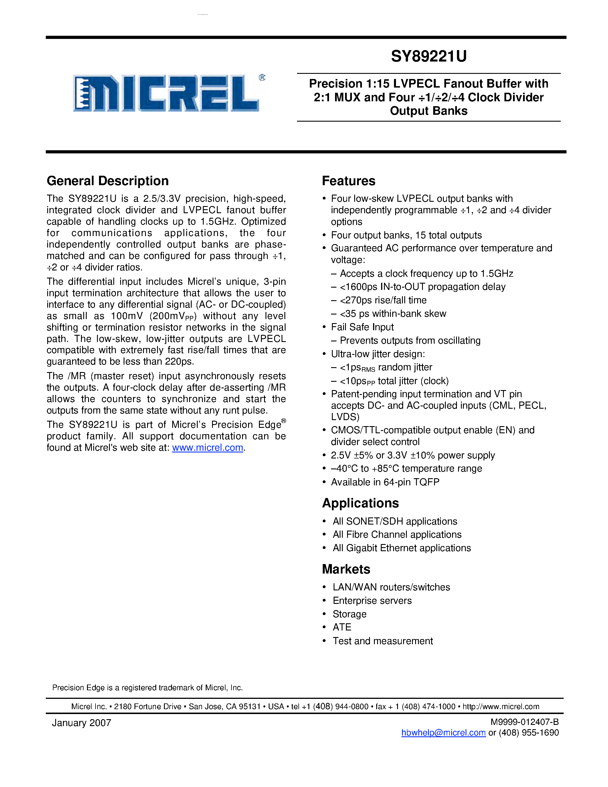 Даташит на микросхему SY89221U страница 1 Даташит SY89221U - Precision 1:15 LVPECL Fanout Buffer страница 1