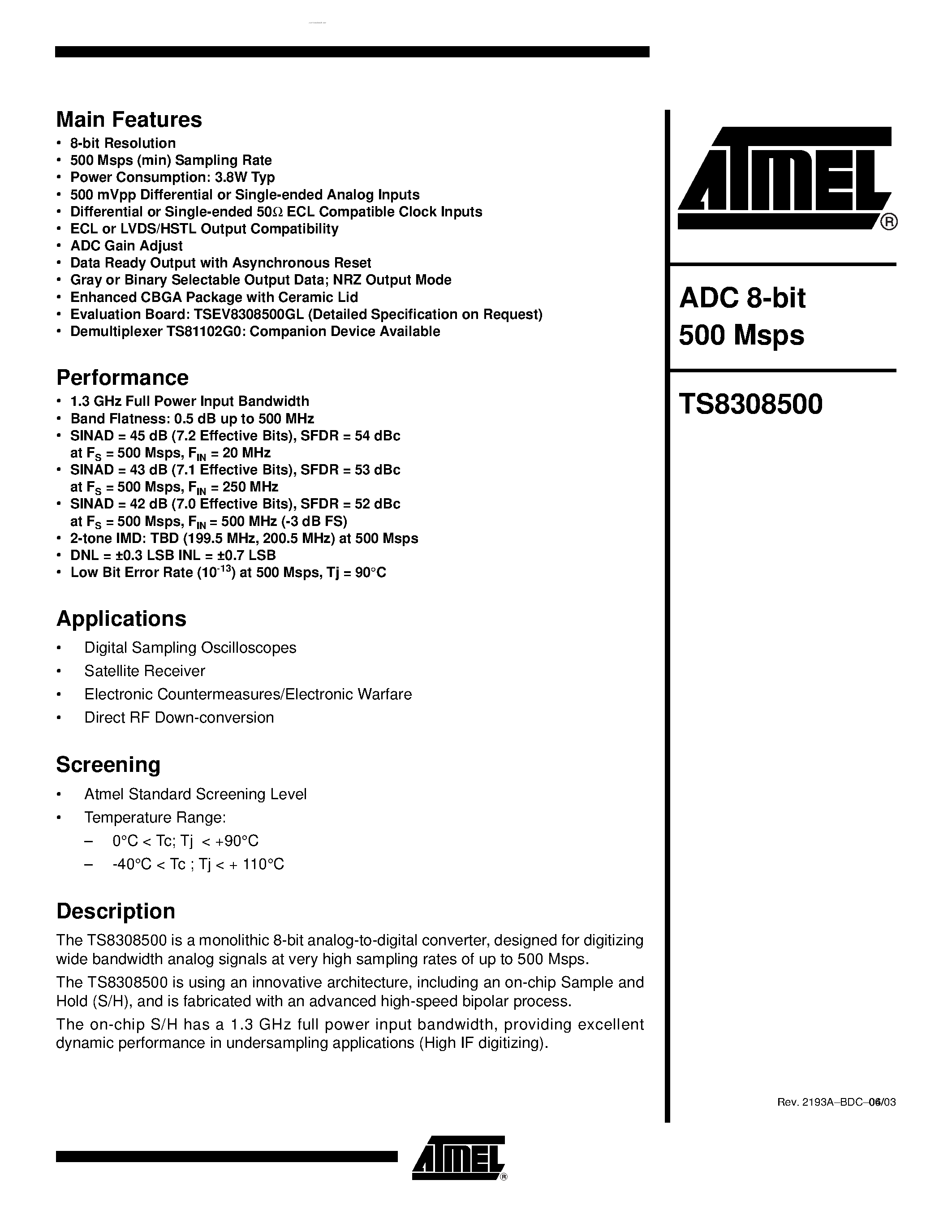 Datasheet TS8308500 - ADC 8-bit 500 Msps page 1