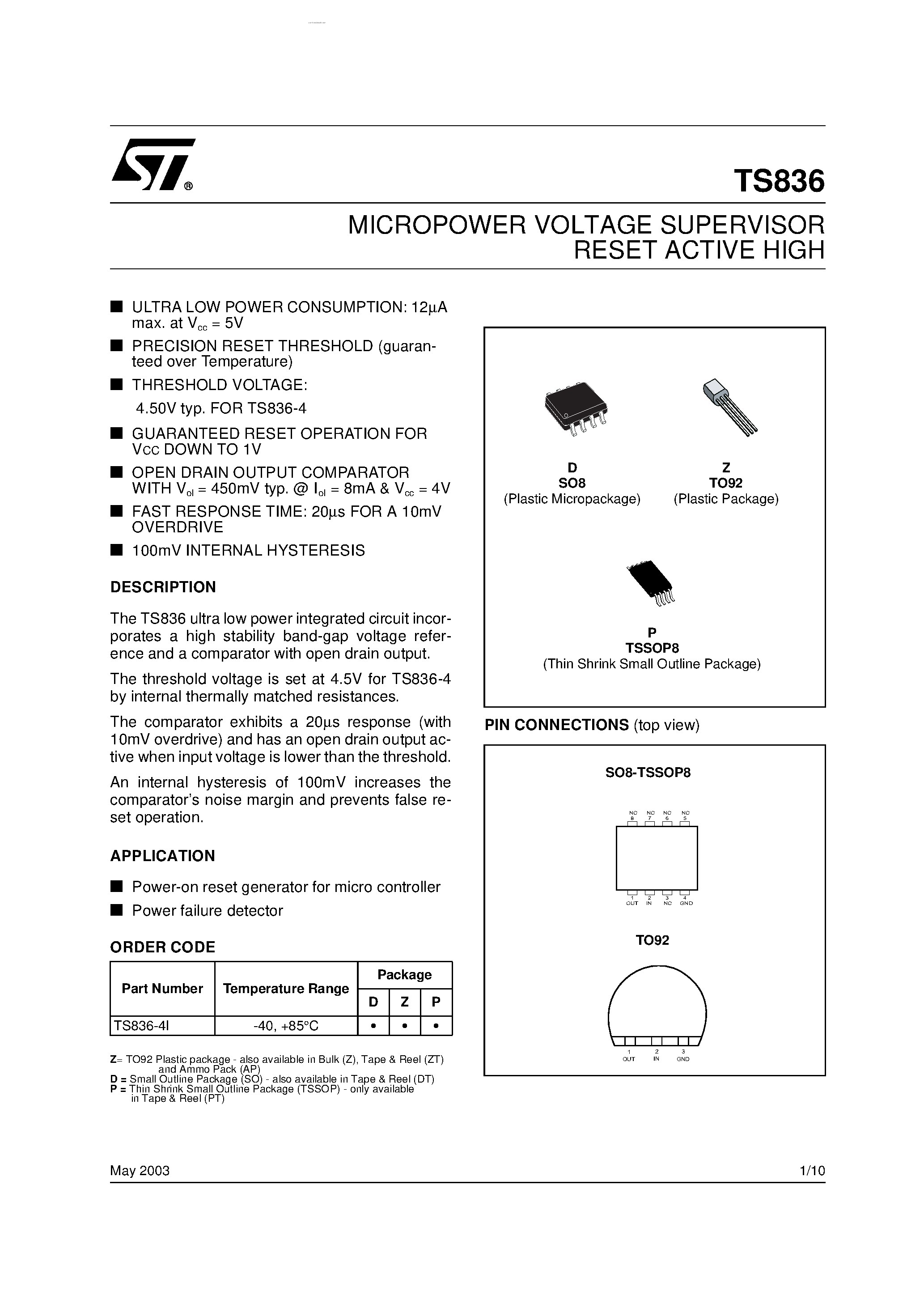 Datasheet TS836 - MICROPOWER VOLTAGE SUPERVISOR RESET ACTIVE HIGH page 1