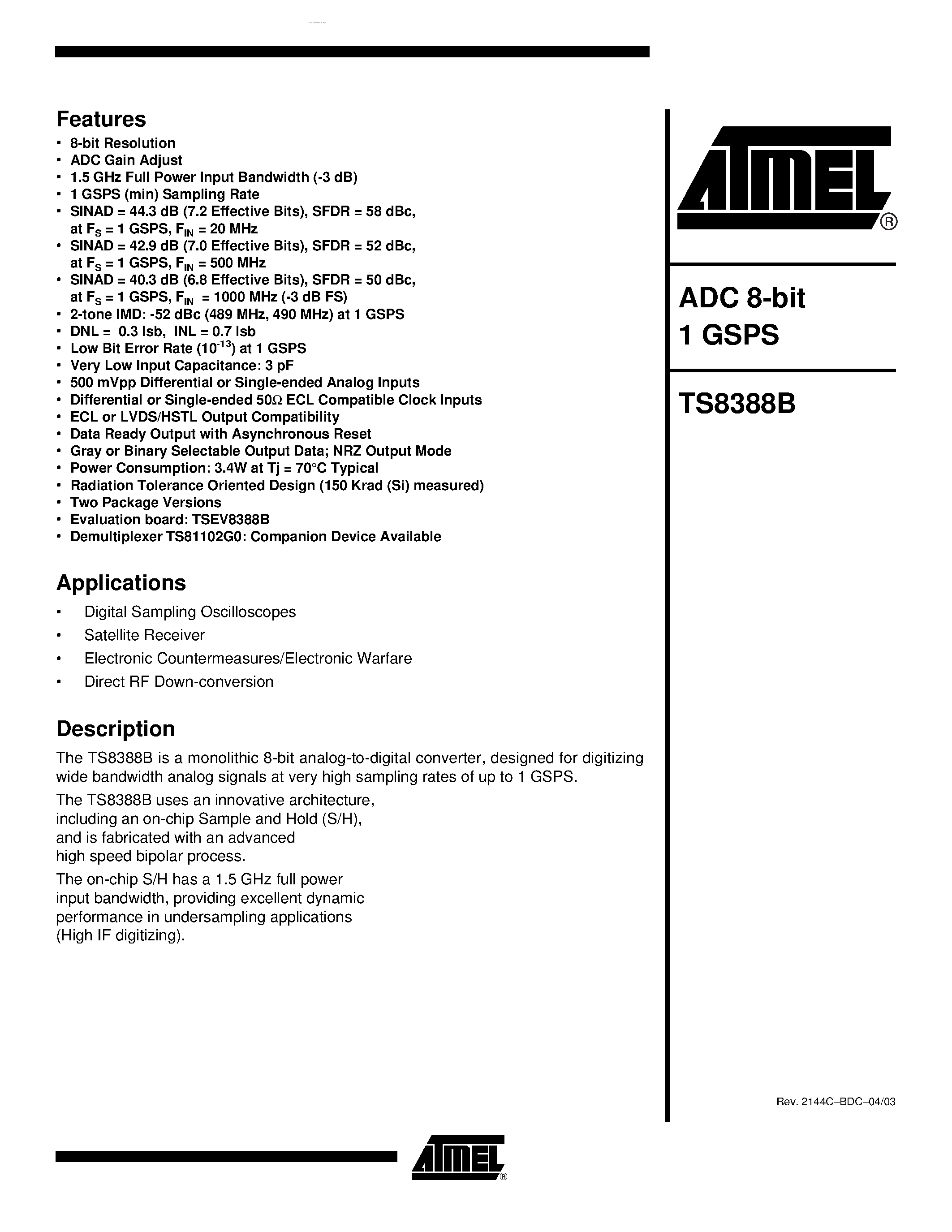 Datasheet TS8388B page 1 Datasheet TS8388B - ADC 8-bit 1 GSPS page 1