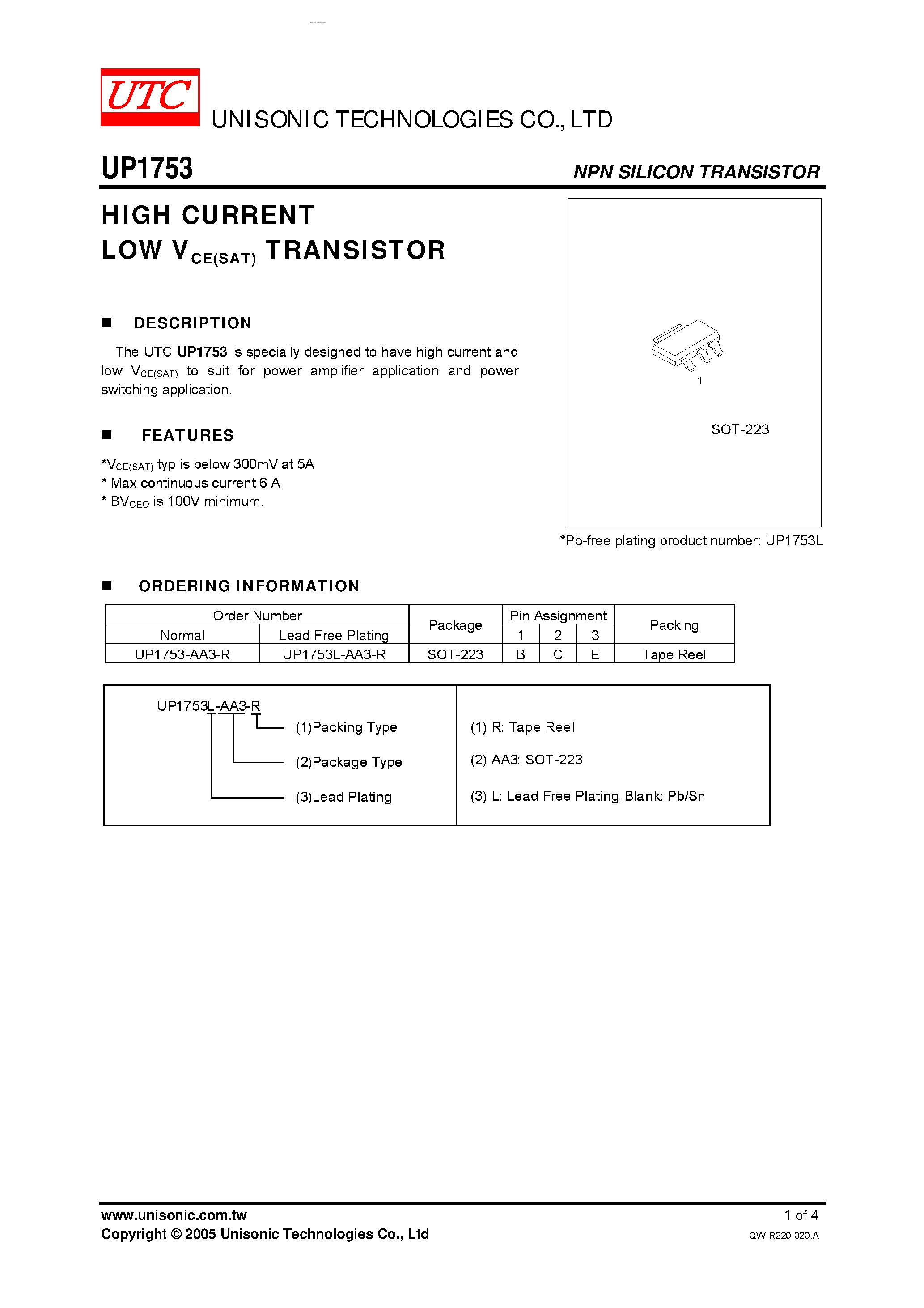Даташит UP1753 - HIGH CURRENT LOW V TRANSISTOR страница 1
