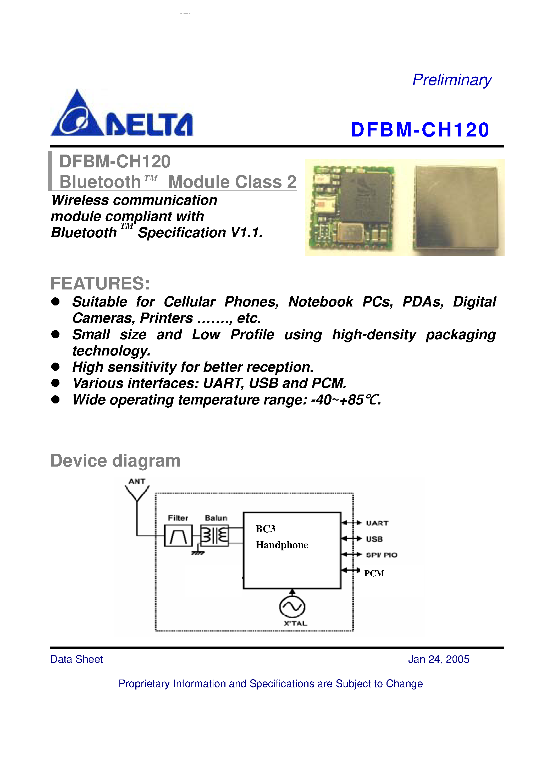 Даташит на микросхему DFBM-CH120 страница 1 Даташит DFBM-CH120 - Bluetooth Module Class 2 Wireless communication module compliant страница 1