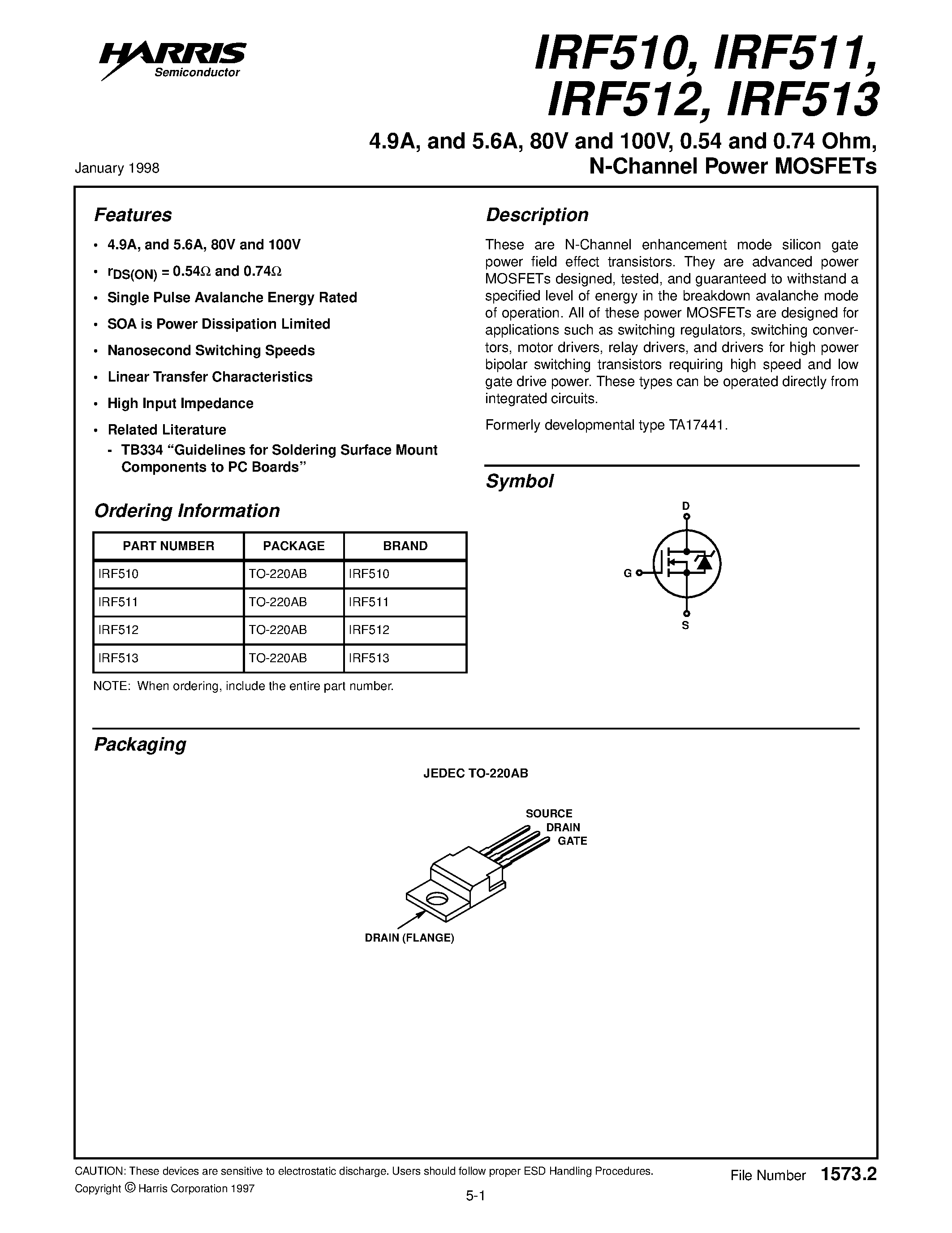 Datasheet IRF510 - (IRF510 - IRF513) N-Channel Power MOSFETs page 1