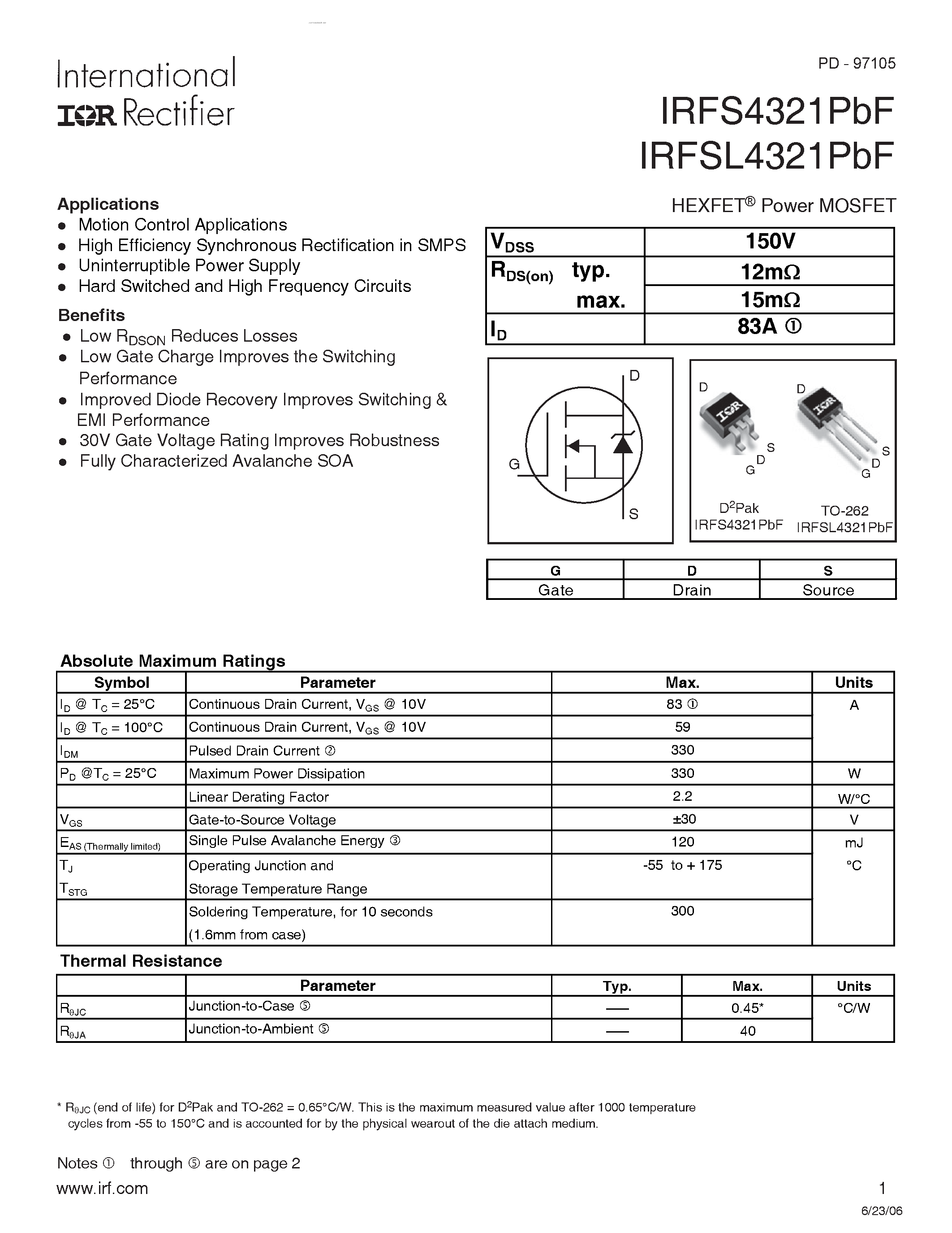 Datasheet IRFS4321PBF - HEXFET Power MOSFET page 1